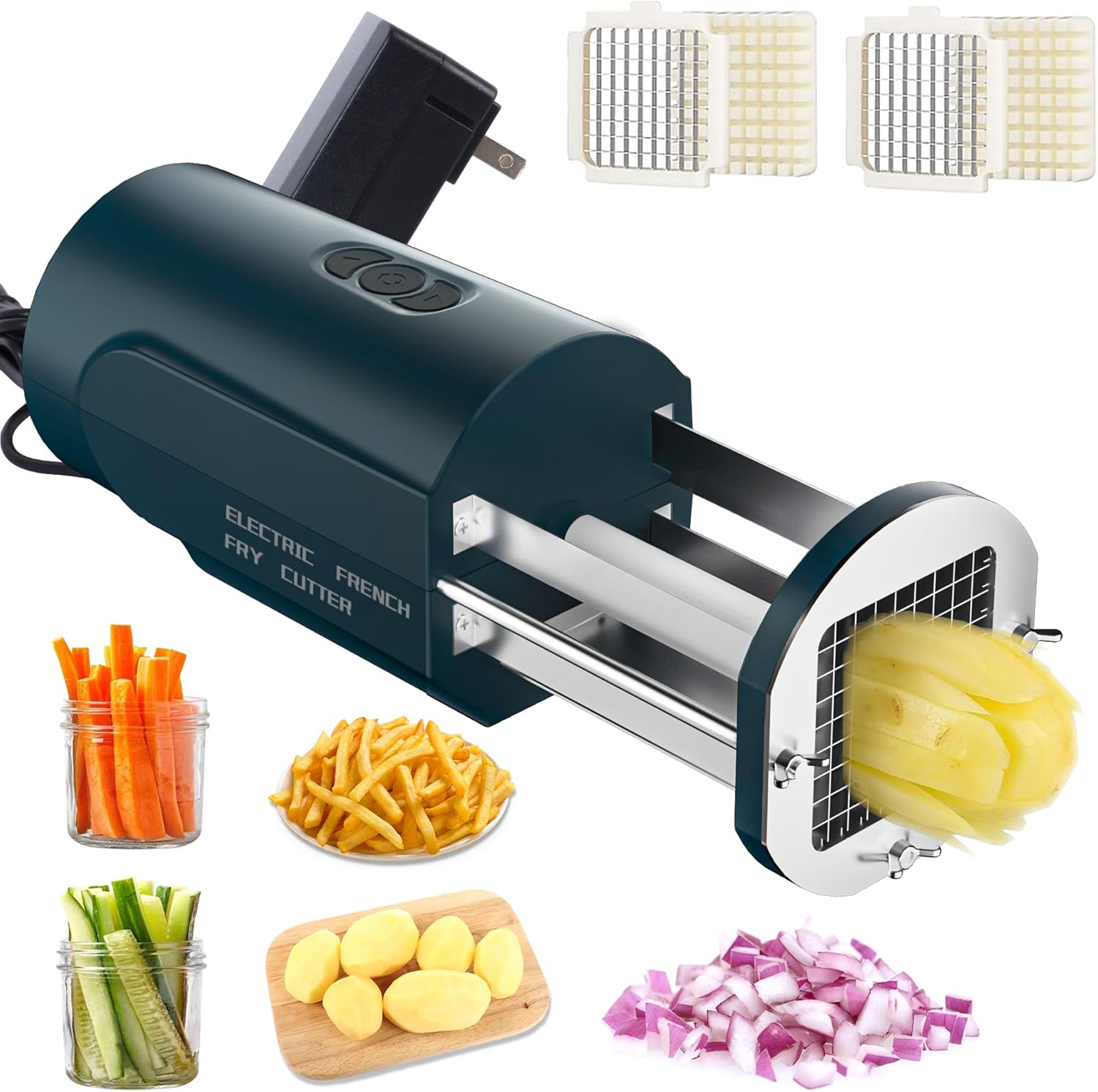 Electric French Fry Cutter, Automatic Professional Potato Stainless Steel Cutter with 1/2 & 3/8 Inch Blade for Potatoes, Carrots, Vegetable (GREEN)