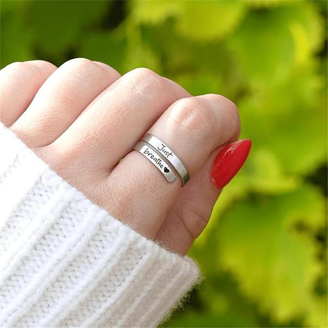 Just Breathe Ring for Women Men Adjustable Heart Hope Rings Black Inspirational Spiral Wrap Healing Rings Silver Stainless Steel Encouragement Ring Self Love Ring Jewelry