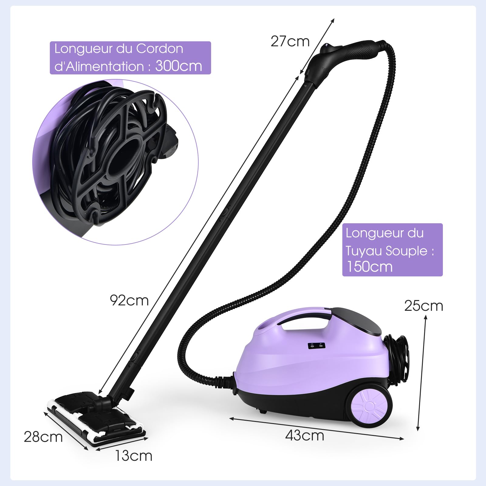 GOPLUS - Limpiador de vapor, 19 accesorios, presión 4 bar, potencia 2000 W, con depósito de agua, 1,5 L, escoba vapor, para alfombras, ventanas, vidrio y cortina, viiolet