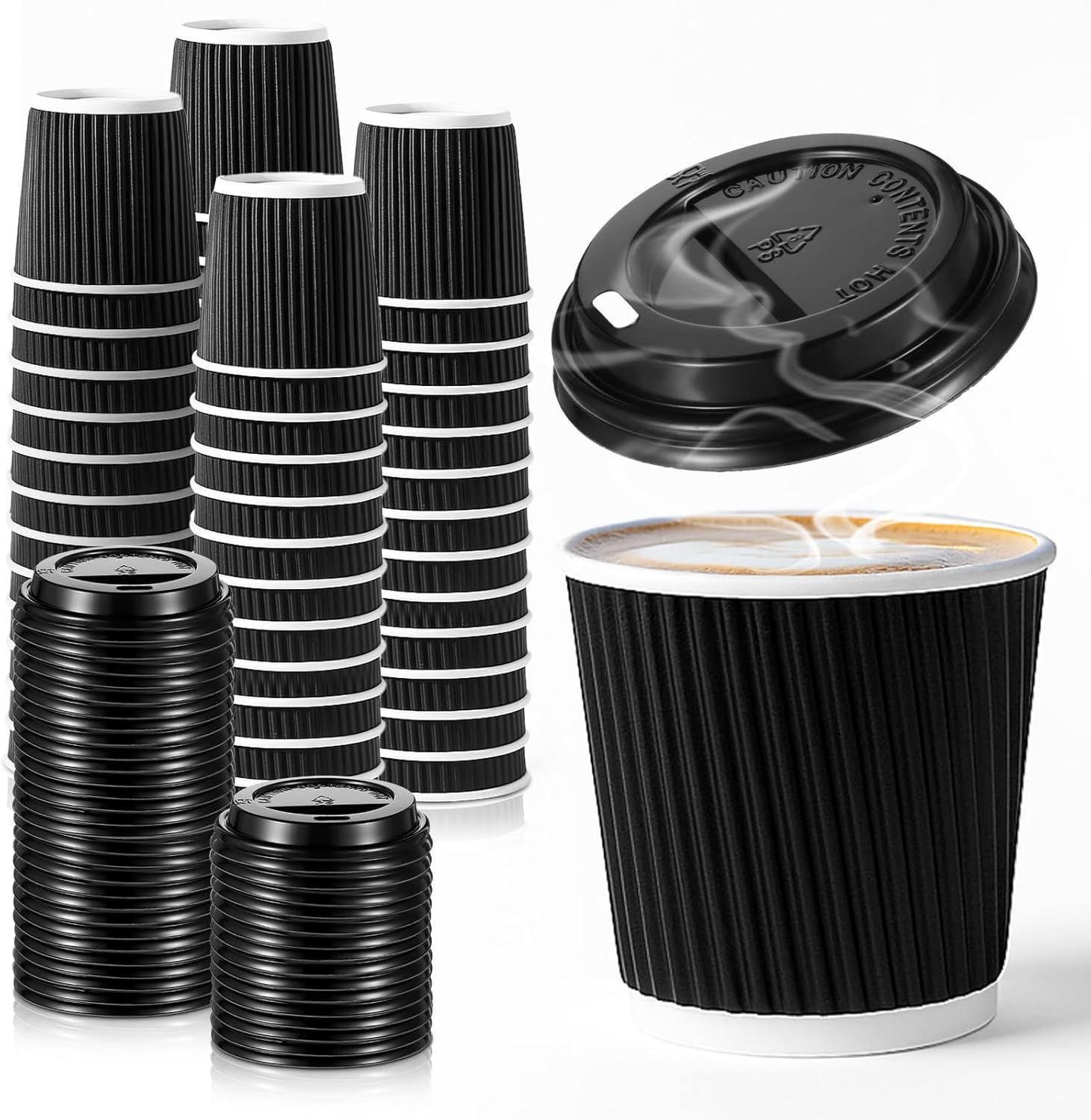 100 Set 4oz Disposable Espresso Cups with Lids, Black Ripple Corrugated Paper Disposable Mini Espresso Paper Cups Hot/Cold Drinking Insulated Hot for Party Picnic Travel Events Chocolate Tea Drinks
