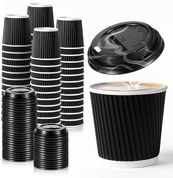 100 Set 4oz Disposable Espresso Cups with Lids, Black Ripple Corrugated Paper Disposable Mini Espresso Paper Cups Hot/Cold Drinking Insulated Hot for Party Picnic Travel Events Chocolate Tea Drinks