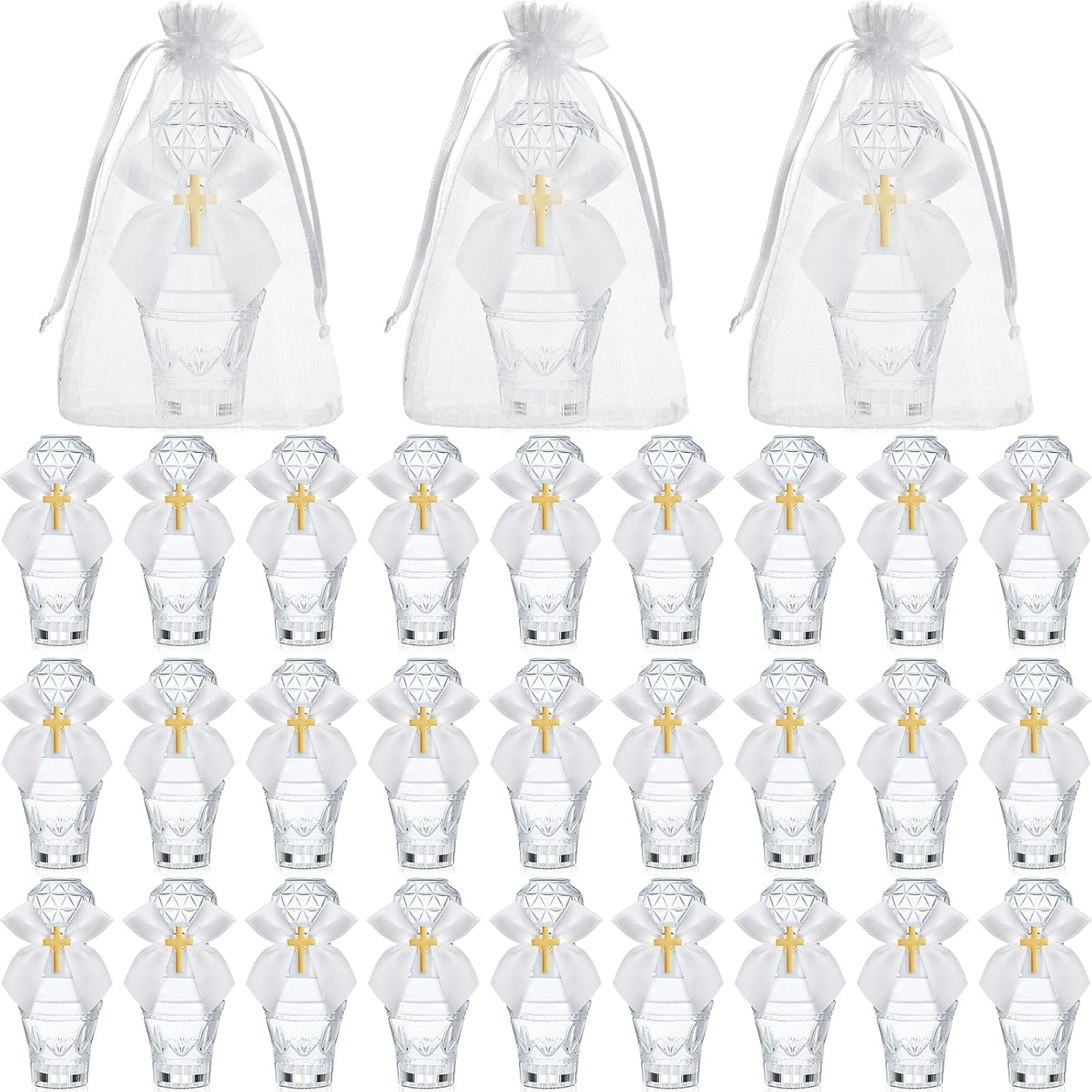 Chuangdi 30 Set Holy Catholic Water Bottles Bulk 50ml Christian Water Container Empty Glass Bottle with Cross Lapel Pin Organza Bag Ribbon Bow for Holy Communion Church Baptism Party Favor (Cute)