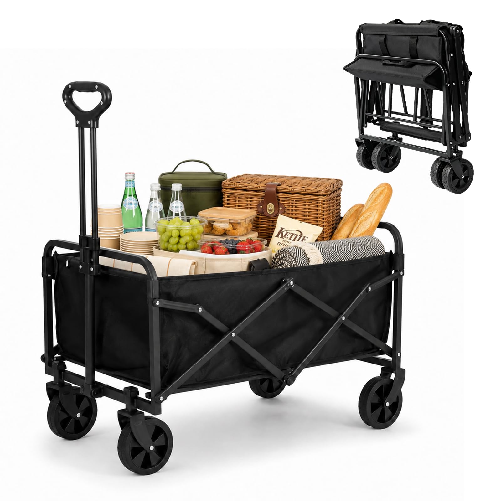 NCONCO Carrello Pieghevole con Ruote, 100L 150KG Carrello Spesa e Spiaggia | Carrello da Campeggio Portatile con Maniglia Regolabilee Ruote Larghe 360°, Carrellino Trasporto per Giardino e Auto