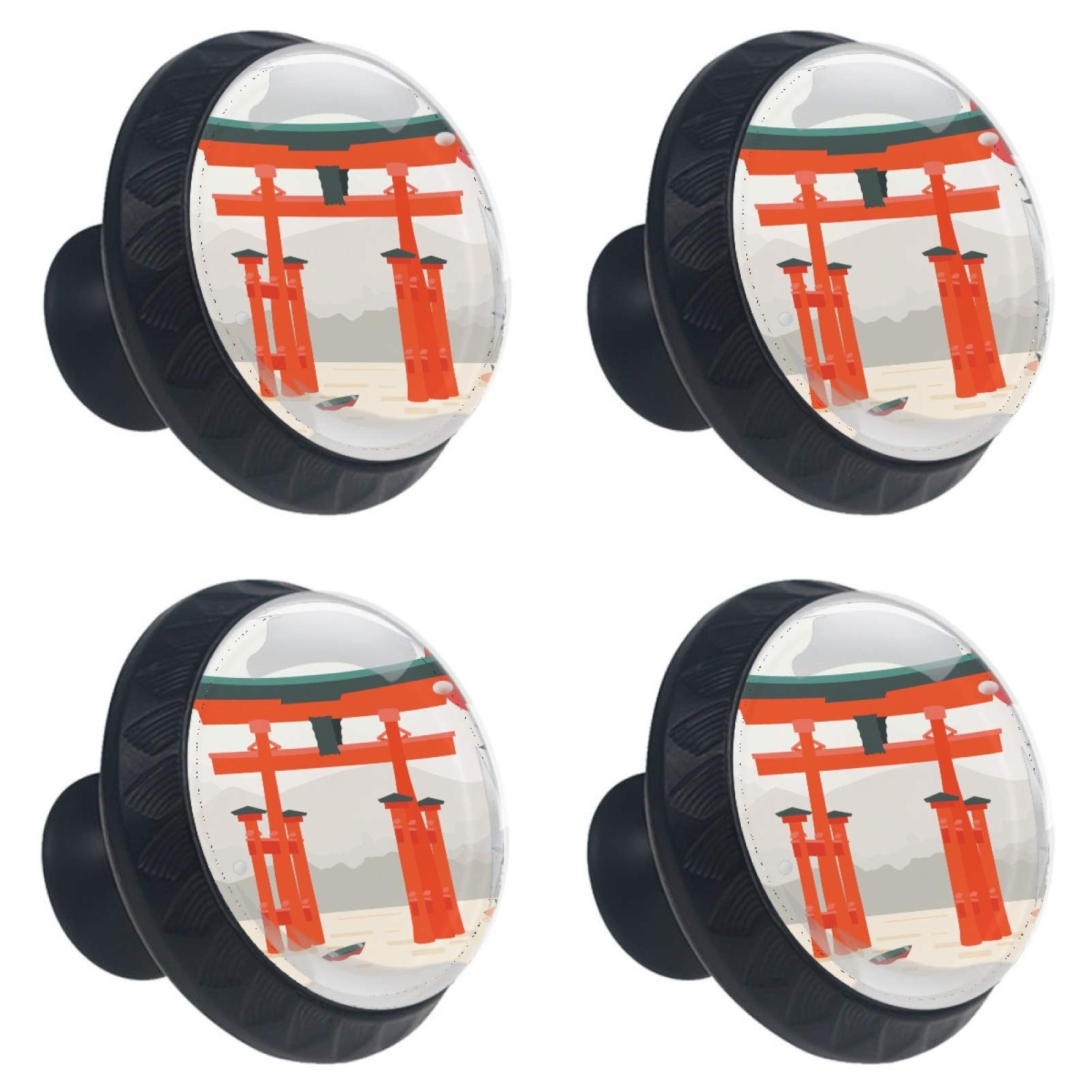 Boutons ronds en verre vintage japonais Torii de 30 mm pour meuble lot de 4