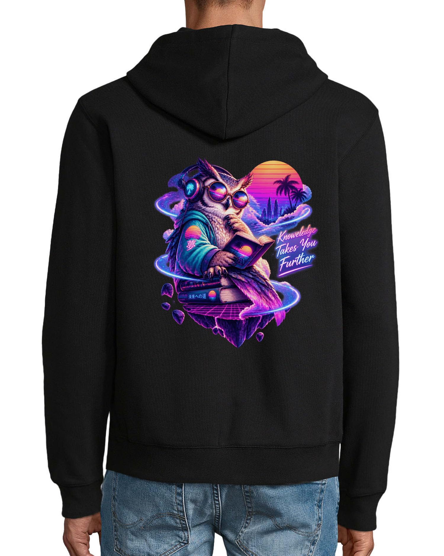 Sowa czytająca książki w neonowym świecie fantasy bluza z kapturem mieszanka bawełny bluza z kapturem czarna