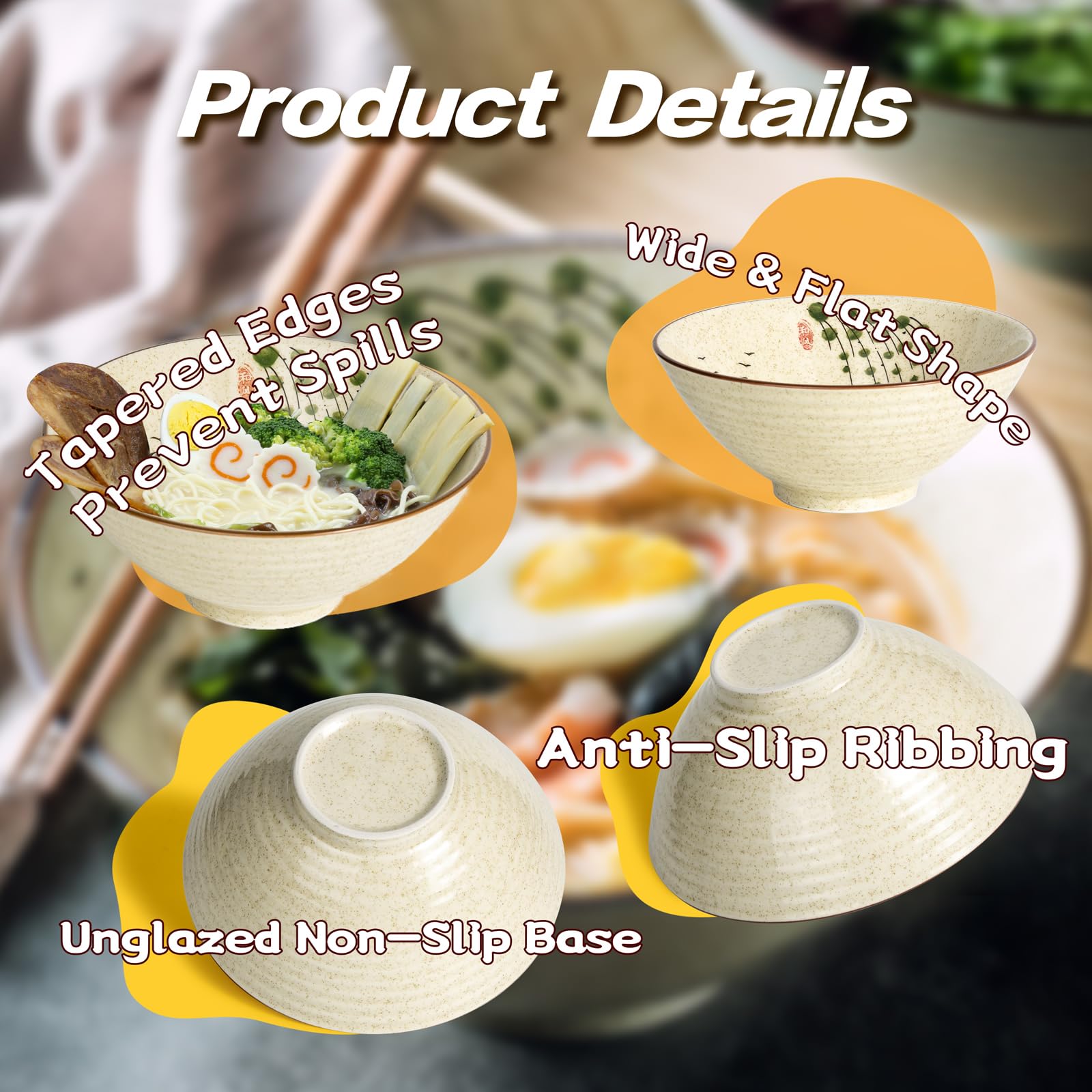 HLWDXno1 Ramen Bowl Set of 2 Ceramic Noodle Bowl with Chopsticks & Spoons 1200ml Large Soup Bowls Japanese Style Retro Porcelain Microwave Tableware Ramen Gift Set for Salad,Pho,Pasta,Udon - Image 3