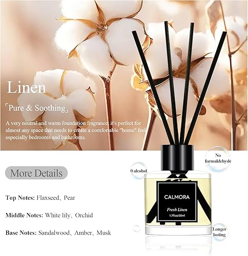 Miniatura 2 de CALMORA Juego de 3 difusores de varillas de 1.7 onzas líquidas, difusor de aceite perfumado de lino frescoeucalipto y mentaocéano con 15 varillas,