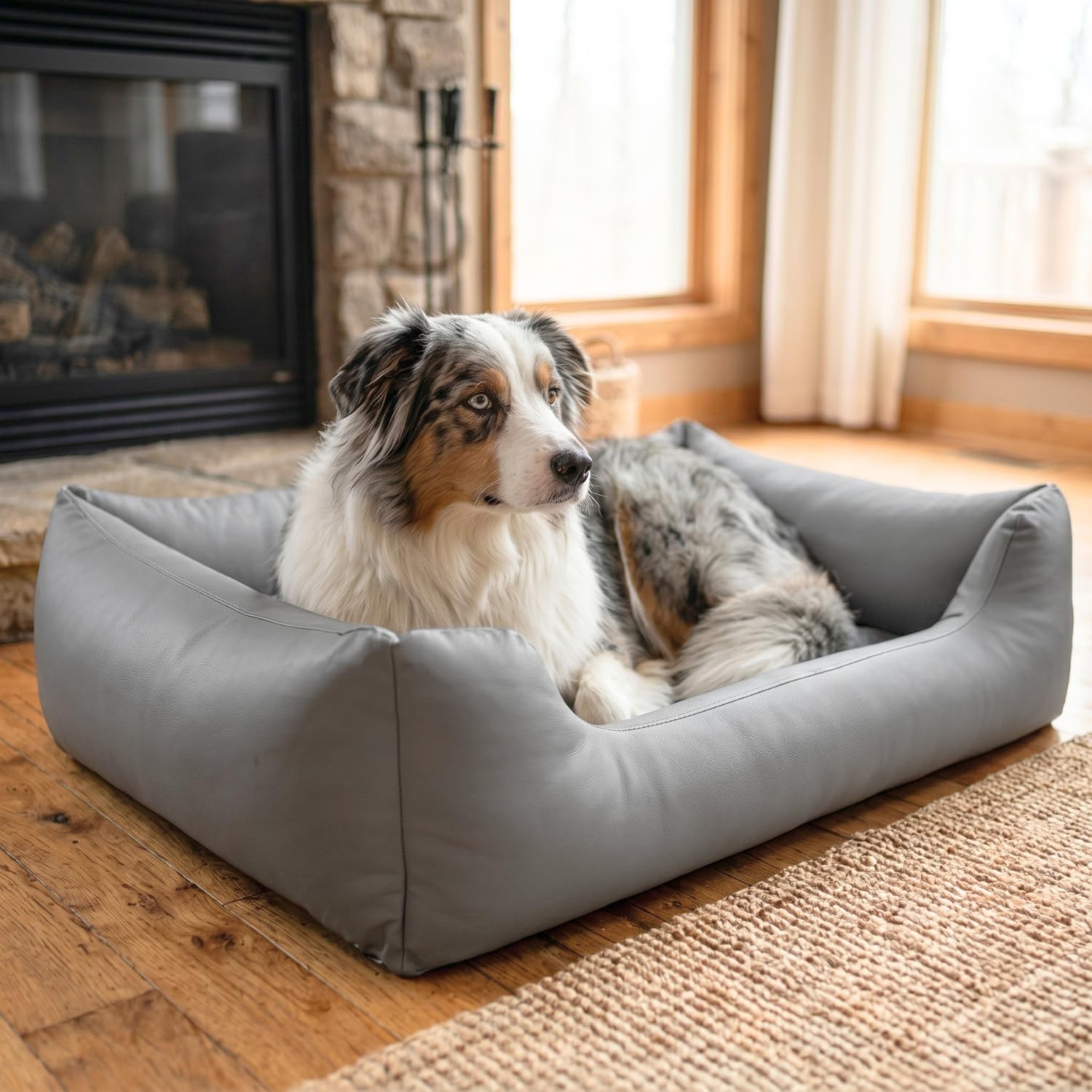 4L Textil Mario Lit Orthopédique pour Chien Mémoire de Forme – Panier Chien Simili Cuir Imperméable, Résistant aux Rayures, Facile à Nettoyer – Gris – 120x90 cm