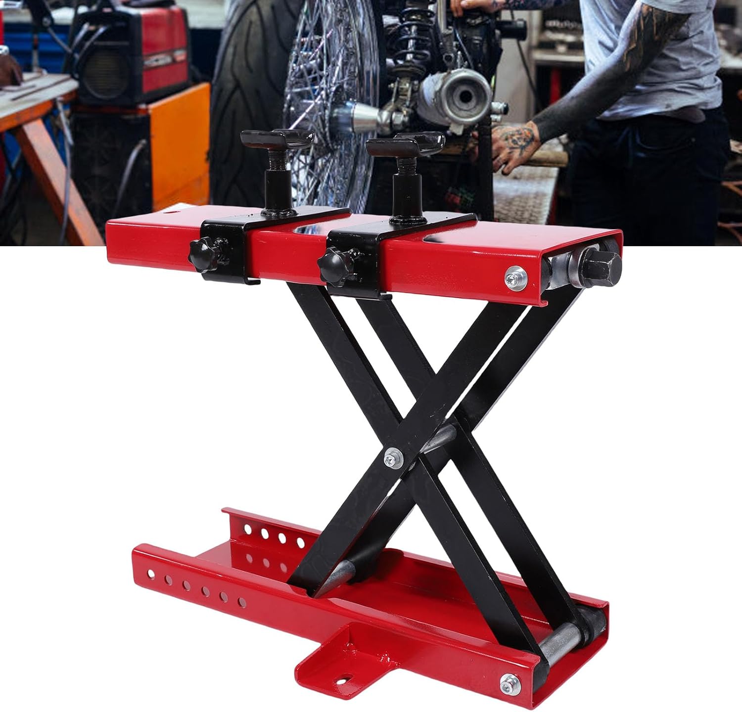 Motorcycle Lift Scissor Jack, Center FoldableScissor Lift Jack with Saddle and Safety Pins Adjustable Height 3.8 to 15.8in for Motorbike ATVs UTVs
