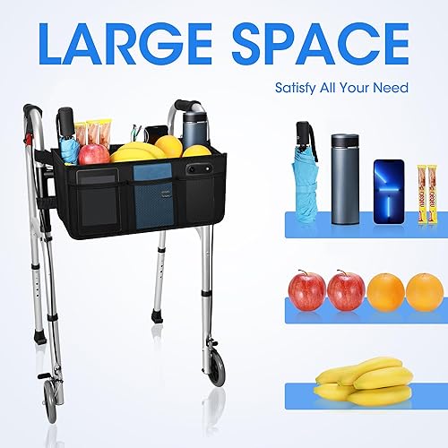 Miniatura 2 de Dotday Cesta de Andador Mejorada con Portavasos, Bolsa de Andador Plegable con Gran Capacidad y Nunca se Vuelca - No Apta para Rollator