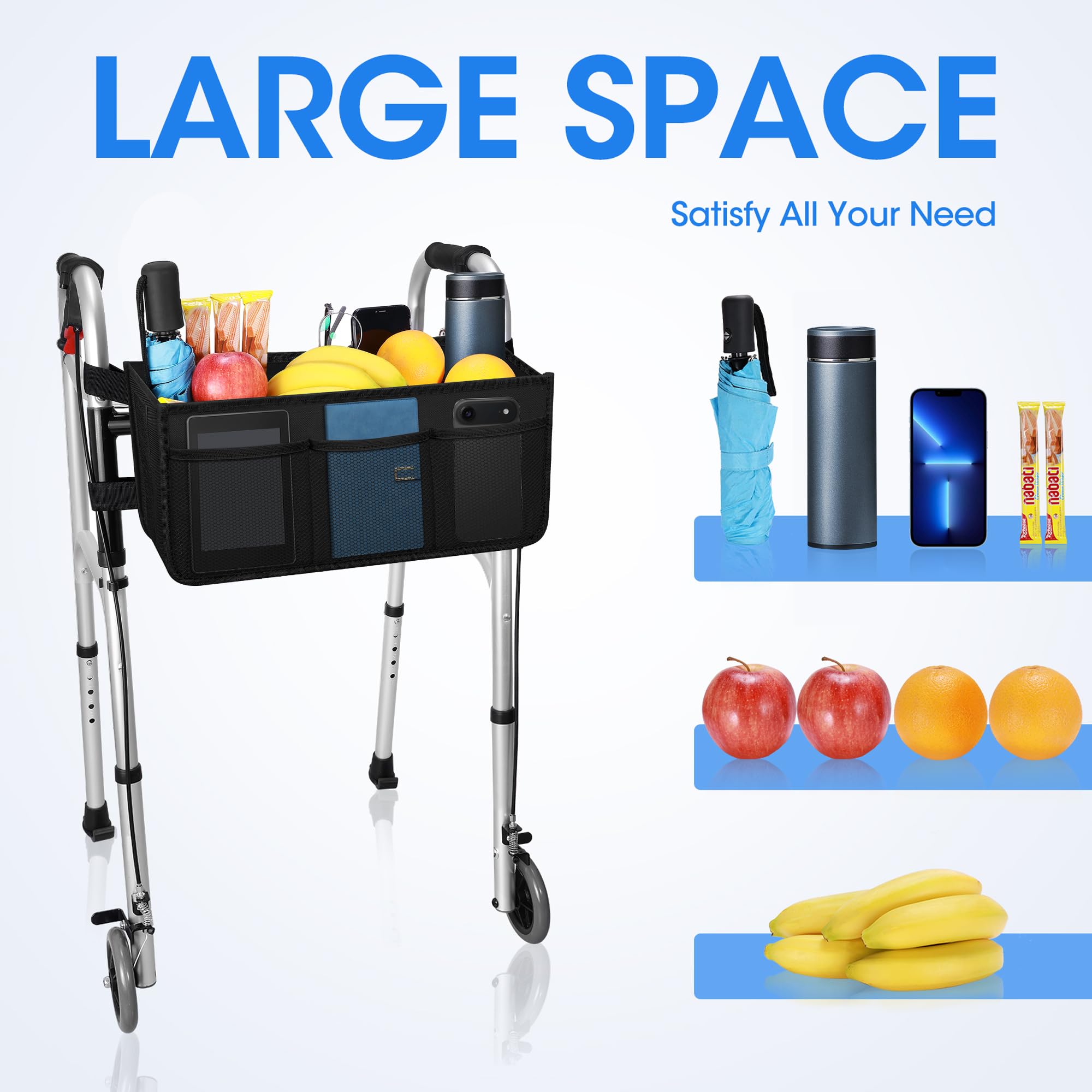 Upgrade Dotday Walker Basket Walker Bag Walker Bag Soporte para tazas de agua, bolsa de almacenamiento plegable con gran capacidad y nunca se vuelque, el mejor regalo para la familia, color negro (no