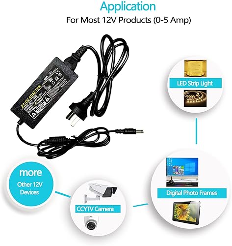 Miniatura 4 de Neon Sign - Adaptador de fuente de alimentación CC de 12 V, 5 A, 60 W, adaptador de corriente LED con certificación UL, transformador de 120 V CA a