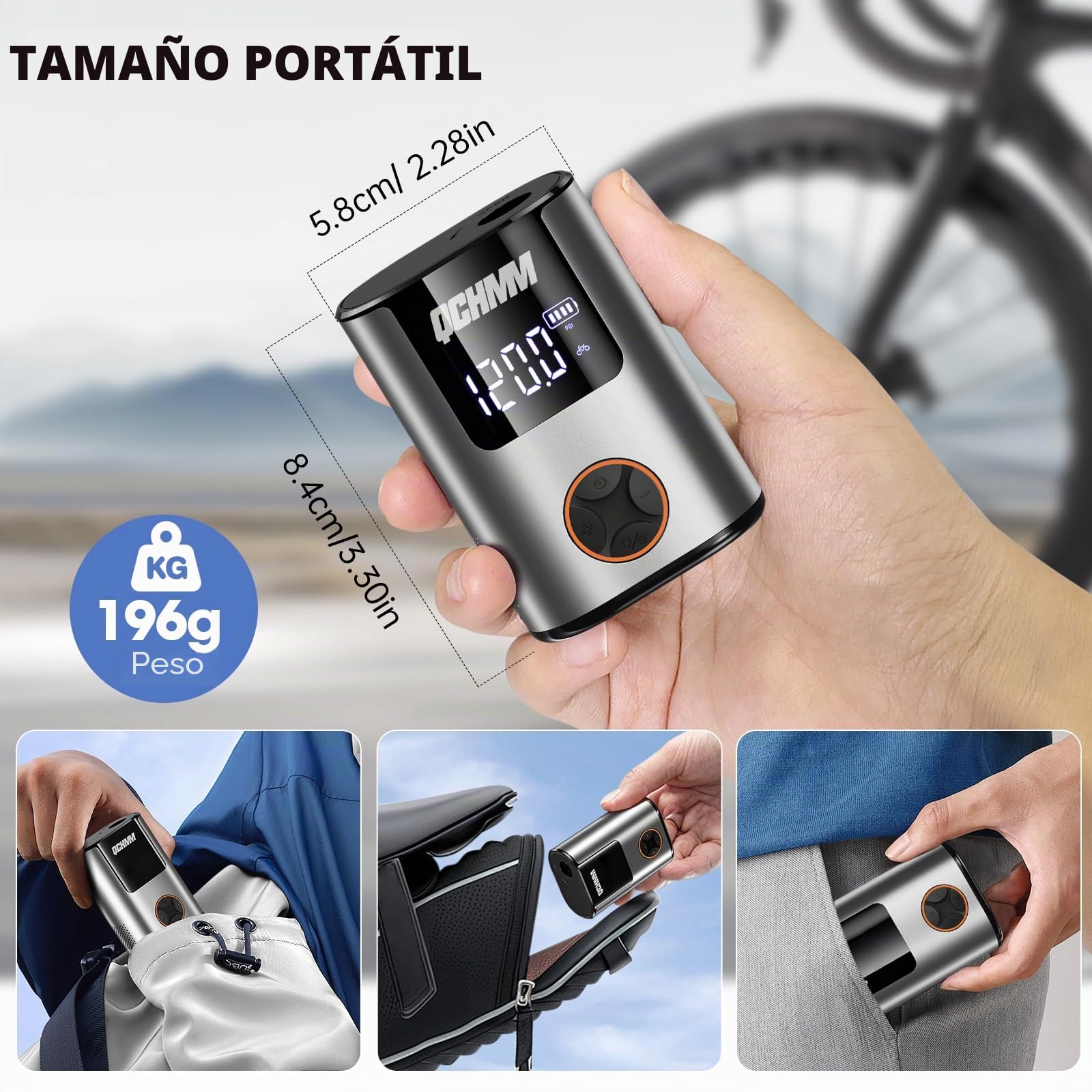 Bomba de bicicleta eléctrica, mini bomba de aire eléctrica para bicicleta, bomba de aire con manómetro para válvulas Schrader y Presta, bomba de aire de batería de 120 psi, unidades PSI/bar, apagado
