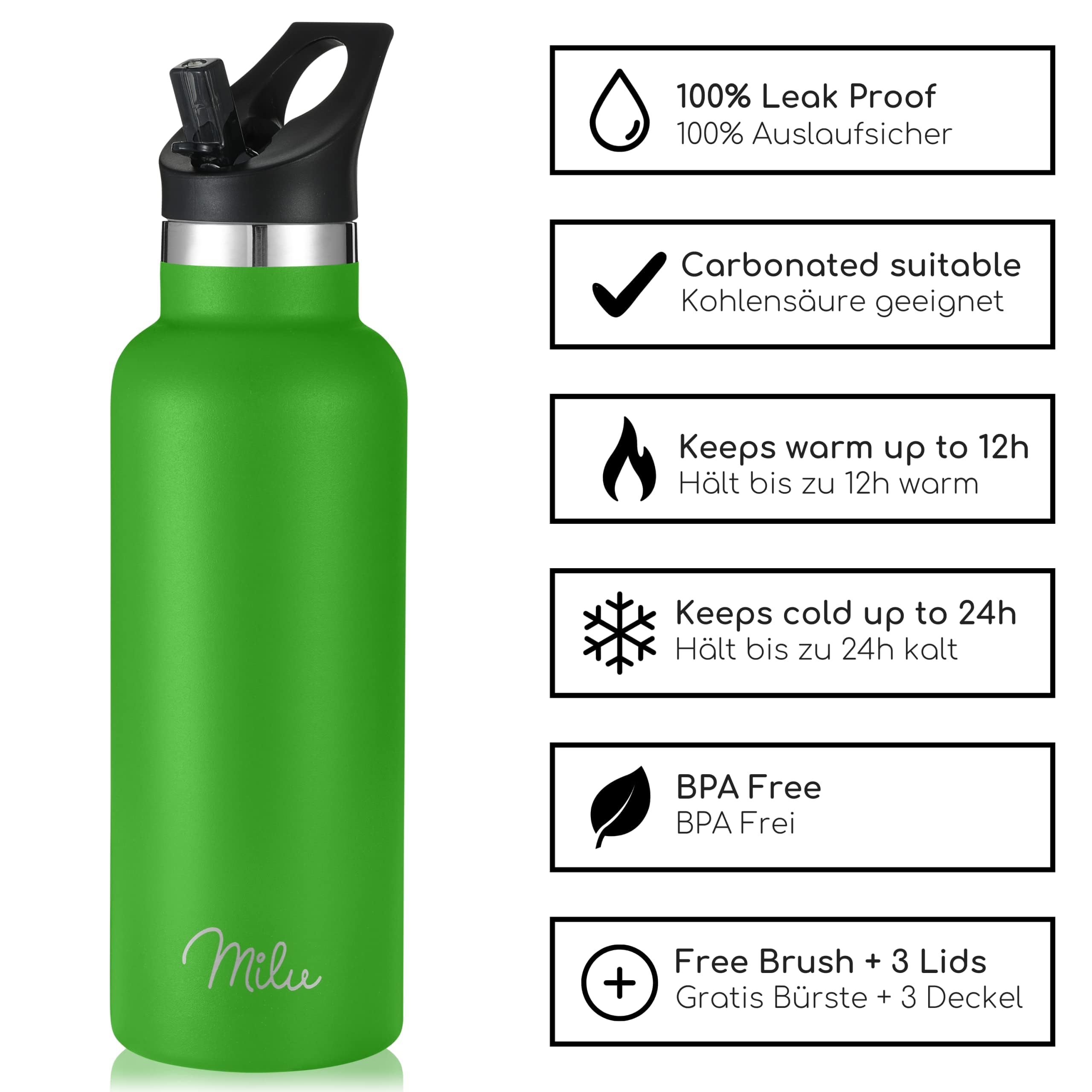 Milu Edelstahl Trinkflasche (+3 Deckel) Thermosflasche mit Strohhalm 500 ml – Bild 4