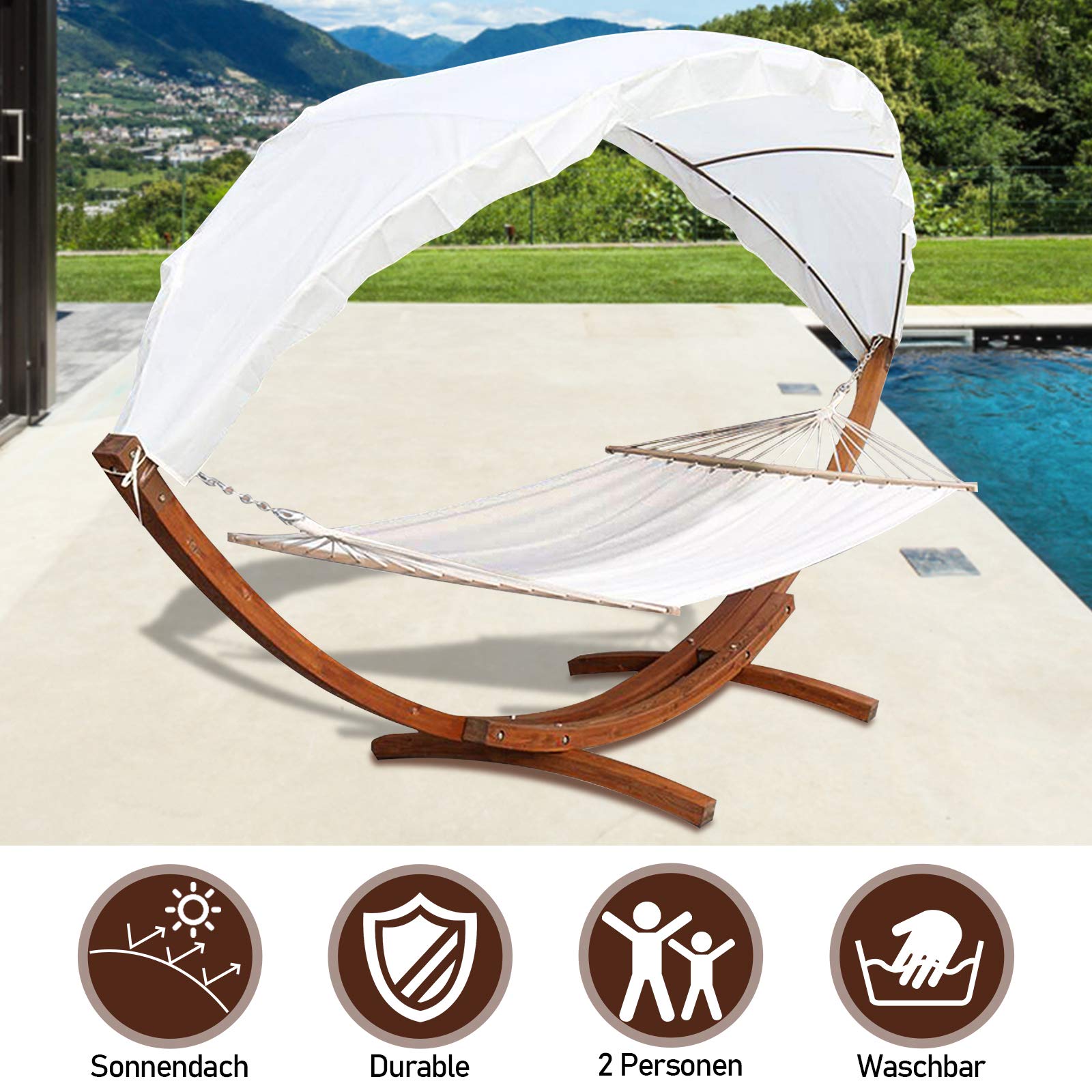 Daromigo Hamak outdoorowy, hamak ze stelażem, 200 x 150 cm, fotel wiszący ze stelażem dla 2 osób, obciążenie 200 kg, drewniany stelaż hamaka z dachem, do ogrodu, na taras, basen