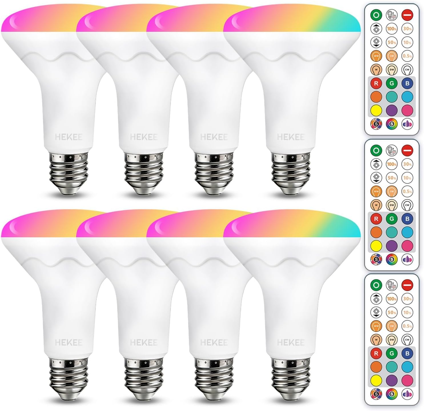 HEKEE BR30 LED Flood Light Bulbs, Color Changing, 5 CCT, 9 Colors, 3 Dynamic Mode with Remote Control, Indoor for Kitchen, Living Room, Party (8 Pack)