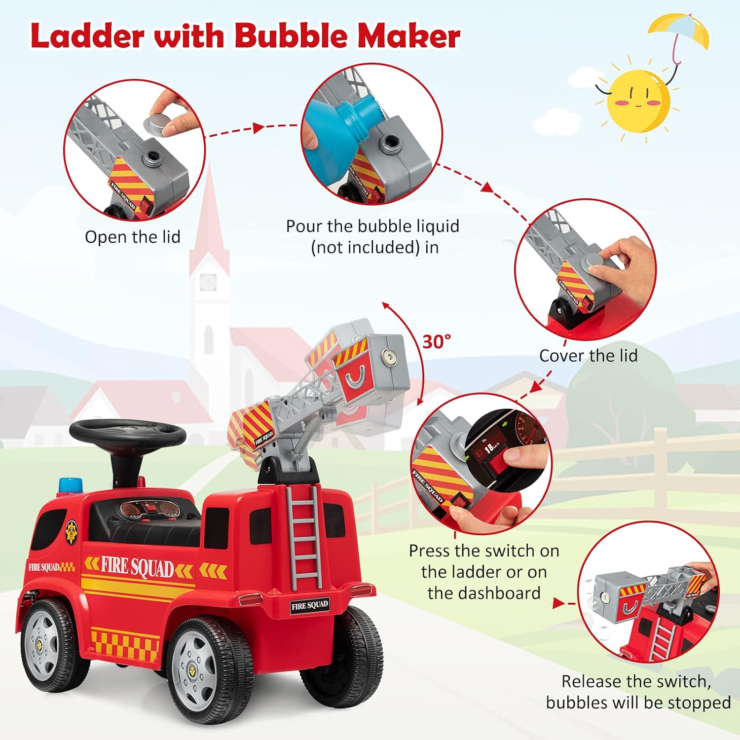 Costzon Kids Ride On Fire Truck, Ride On Push Car with Ladder Bubble Maker, Headlights, Siren Sounds & Music, Foot-to-Floor Sliding Car for Toddlers, Gift for Boys Girls Aged 18-36 Months