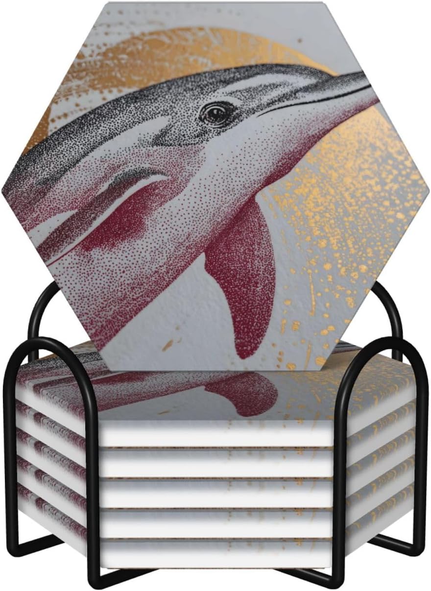 (Dolphin) Ceramic Coasters Set of 6 with Holder Non-Slip Hexagon Coffee Coasters for for Cup Mug Drink Patio Coffee Table Decor, Christmas Coasters Home Bar Supplies