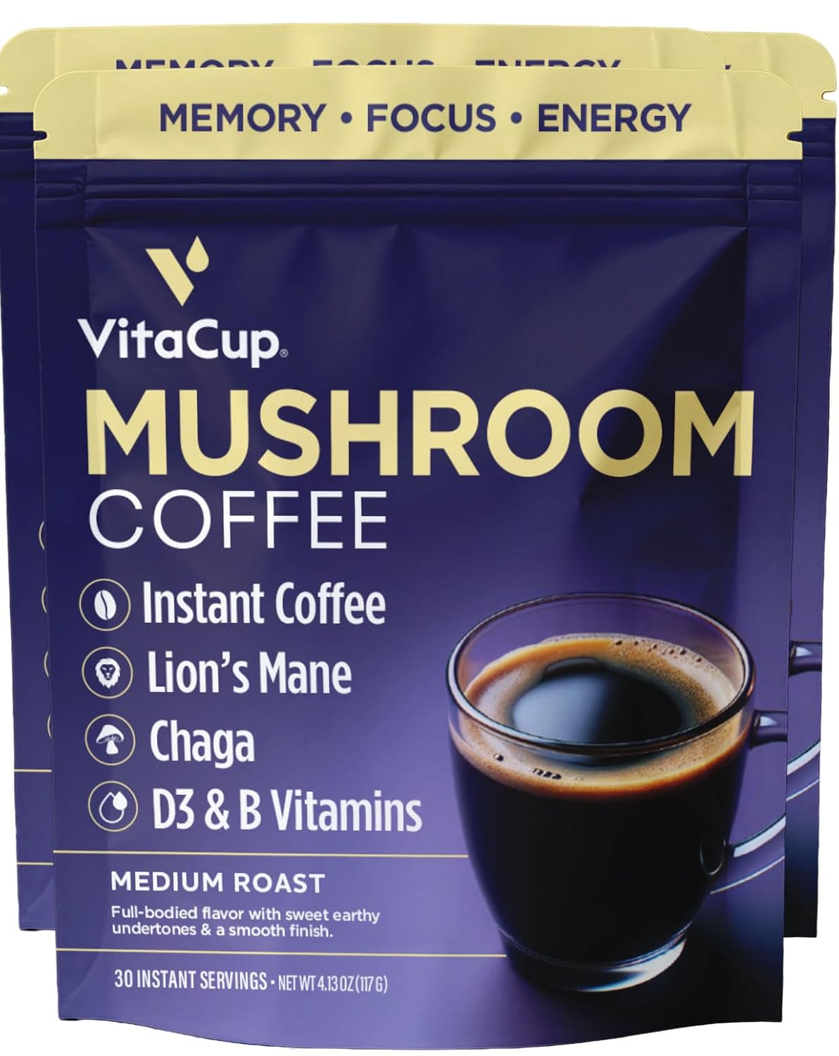 VitaCup Mushroom Instant Coffee | For Memory & Clarity Support | with Fiber, Chaga, Lion’s Mane | D3 & B Vitamins | Medium Roast 100% Arabica & Robusta Instant Coffee | 30 Servings