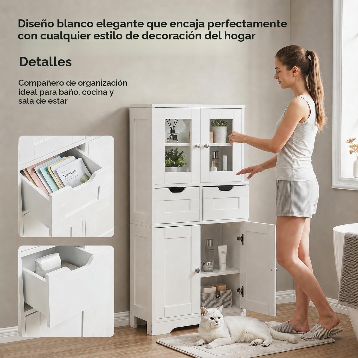 Armario Alto de Almacenamiento, Mueble de Baño, Baldas Ajustables, Panel de Partículas Melamínico Doble Cara de 15mm, Mueble Multiusos para Baño, Pasillo y Lavandería(Blanco, 60x30x128cm)