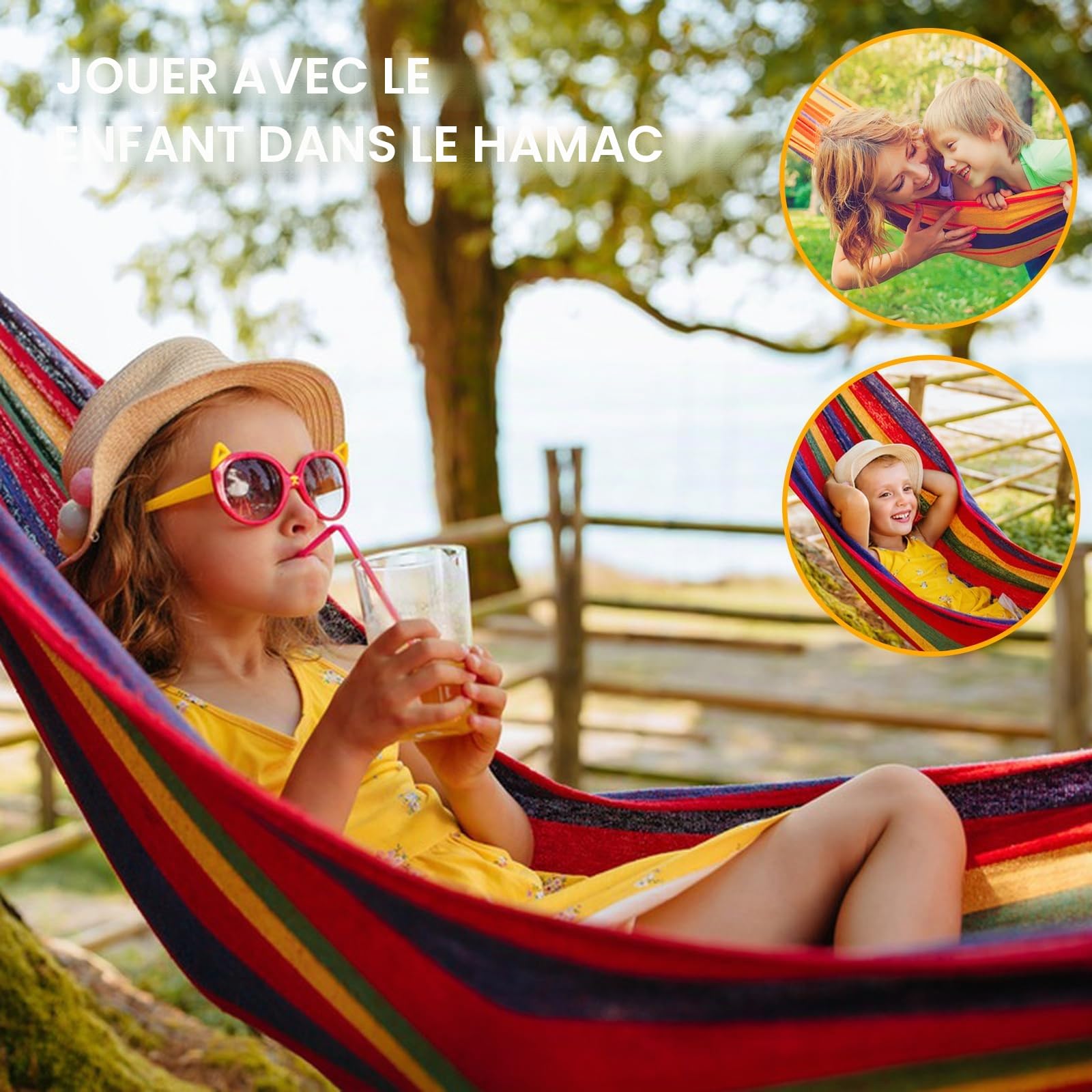 Hamac extérieur, hamac, camping, hamac, portable et respirant, avec une capacité de charge de 200 kg avec sangle + étui pour jardin, intérieur, balcon, terrasse, camping (coloré)