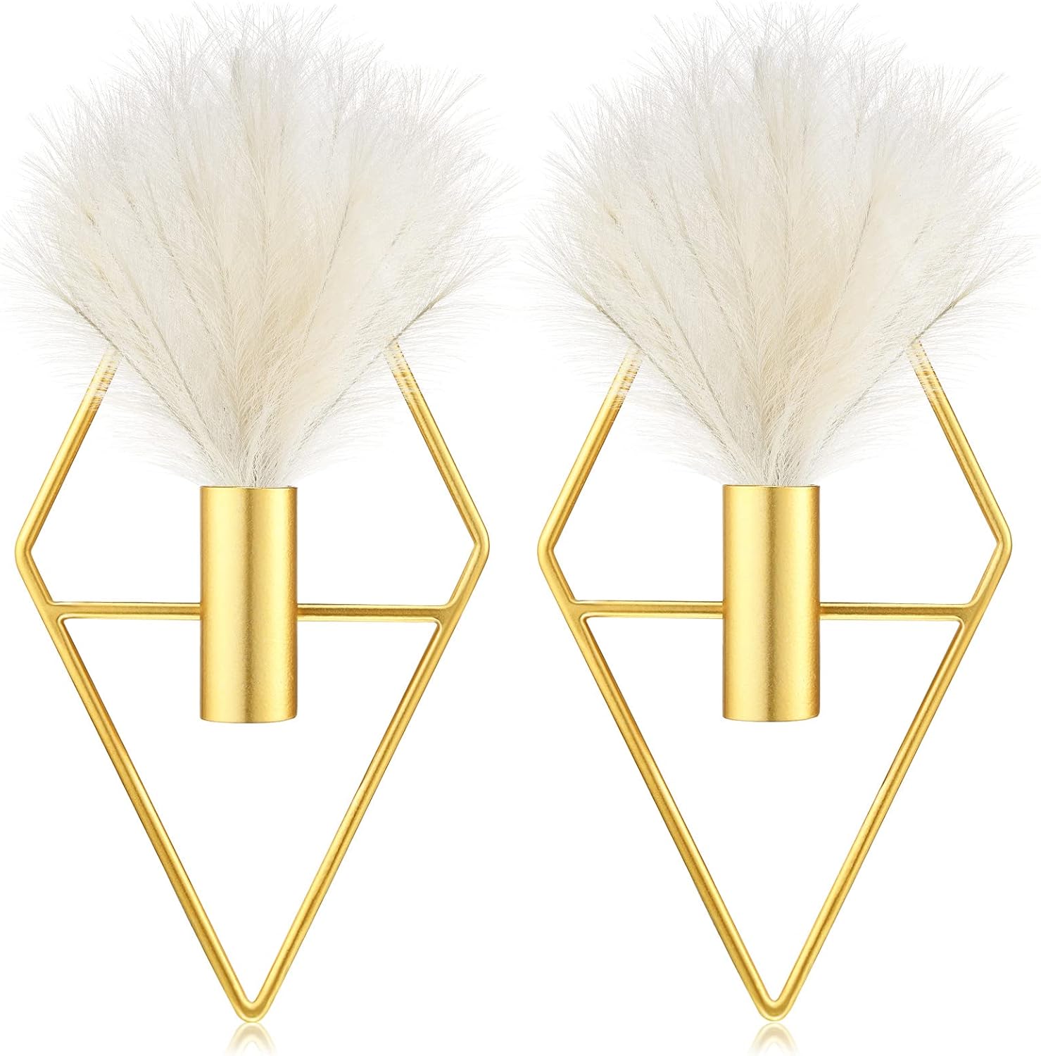 Peryiter 2 Pcs Boho Wall Decor Metal Gold Wall Art Hanging Planters with Artificial Pampas Modern Home Decor Display Art for Living Room Bedroom Bathroom(Rhombus)