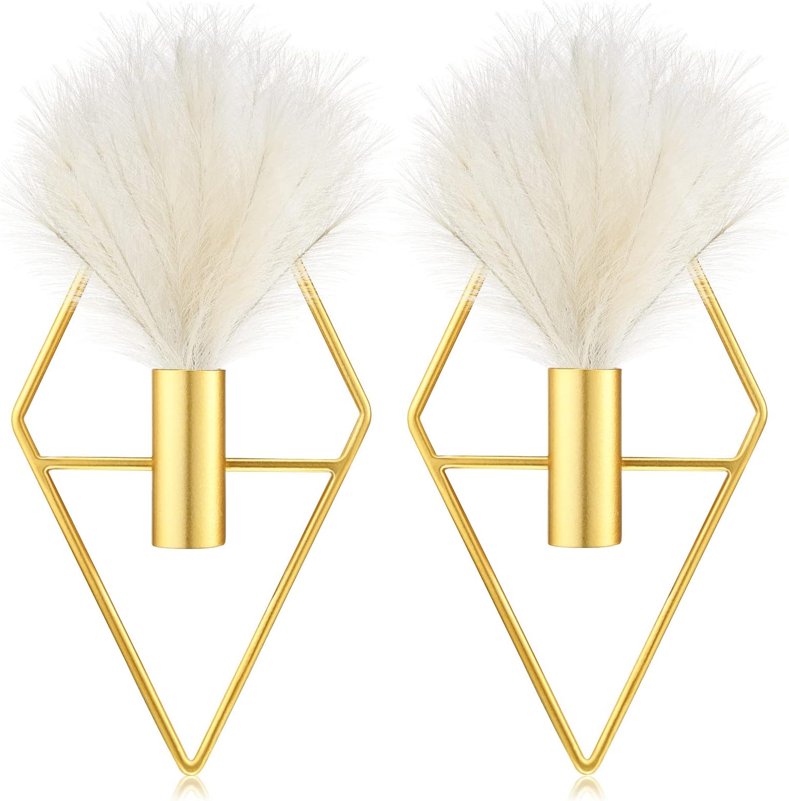 Peryiter 2 Pcs Boho Wall Decor Metal Gold Wall Art Hanging Planters with Artificial Pampas Modern Home Decor Display Art for Living Room Bedroom Bathroom(Rhombus)