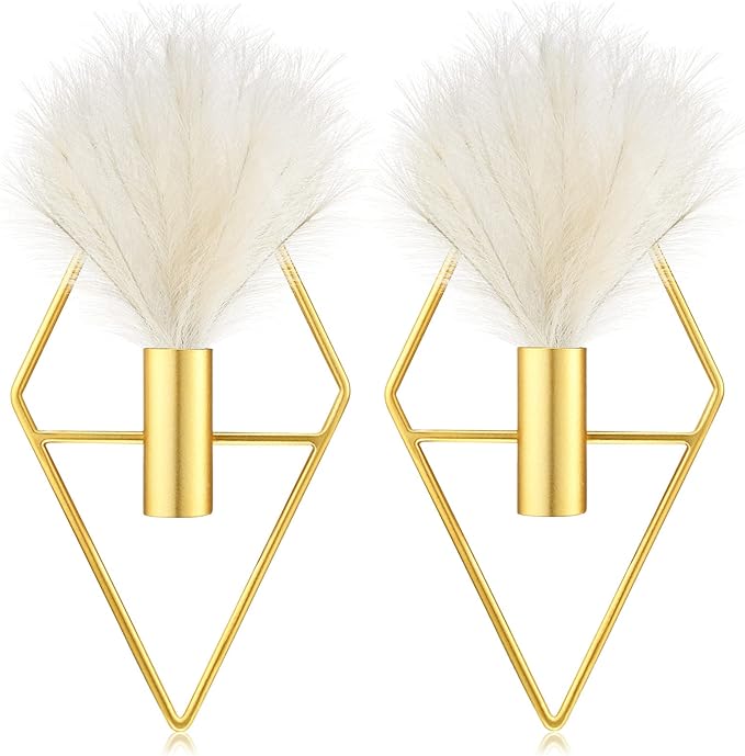 Peryiter 2 Pcs Boho Wall Decor Metal Gold Wall Art Hanging Planters with Artificial Pampas Modern Home Decor Display Art for Living Room Bedroom Bathroom(Rhombus)