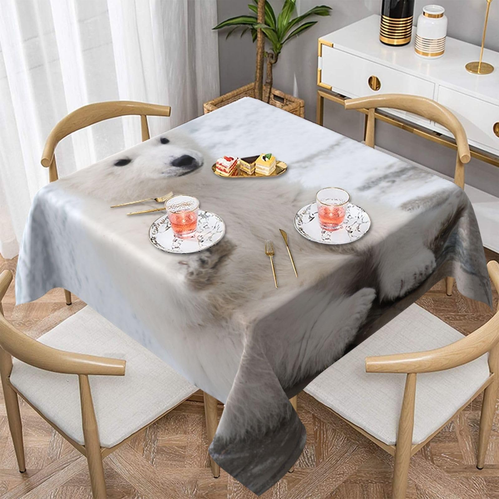 DCEHGEW Cute Polar Bear Prints Square Tablecloth 137x137 CM, Waterproof Fabric Table Cloth for Dining Table, Farmhouse Table Cover for Kitchen Dining Tabletop Decoration