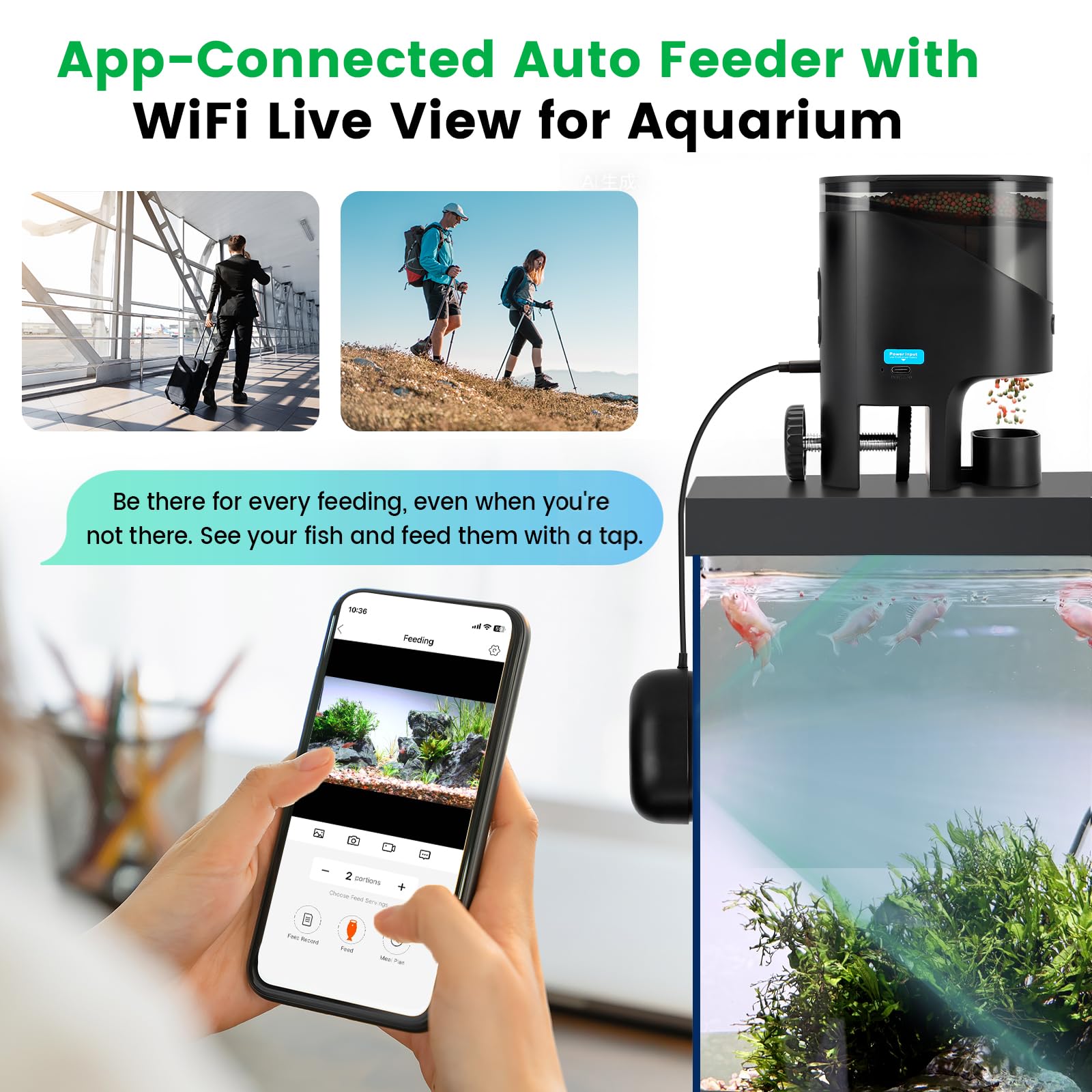 fishkeeper Mangiatoia automatica WiFi per acquario con fotocamera HD e app | Mangime automatico programmabile per pesci, con timer, 230 ml, per fiocchi, tartarughe, Wi-Fi (2,4/5 GHz)