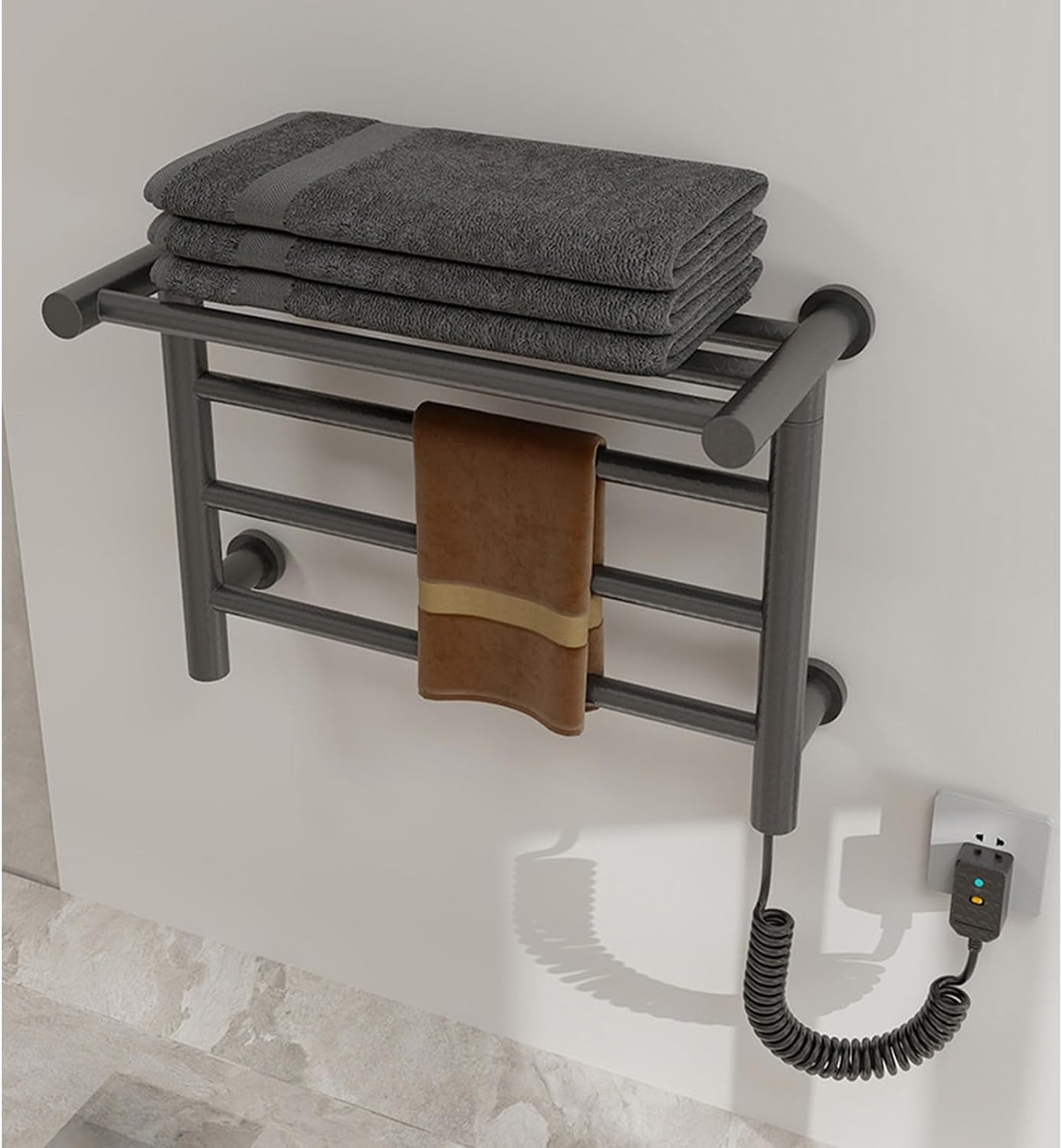 Heated Towel Rack Wall Mounted - Black Stainless Steel Towel Warmer for Bathroom & Spa, Electric Hot Towel Dryer with Shelf, Constant Temperature, Ideal for Home & Hotels