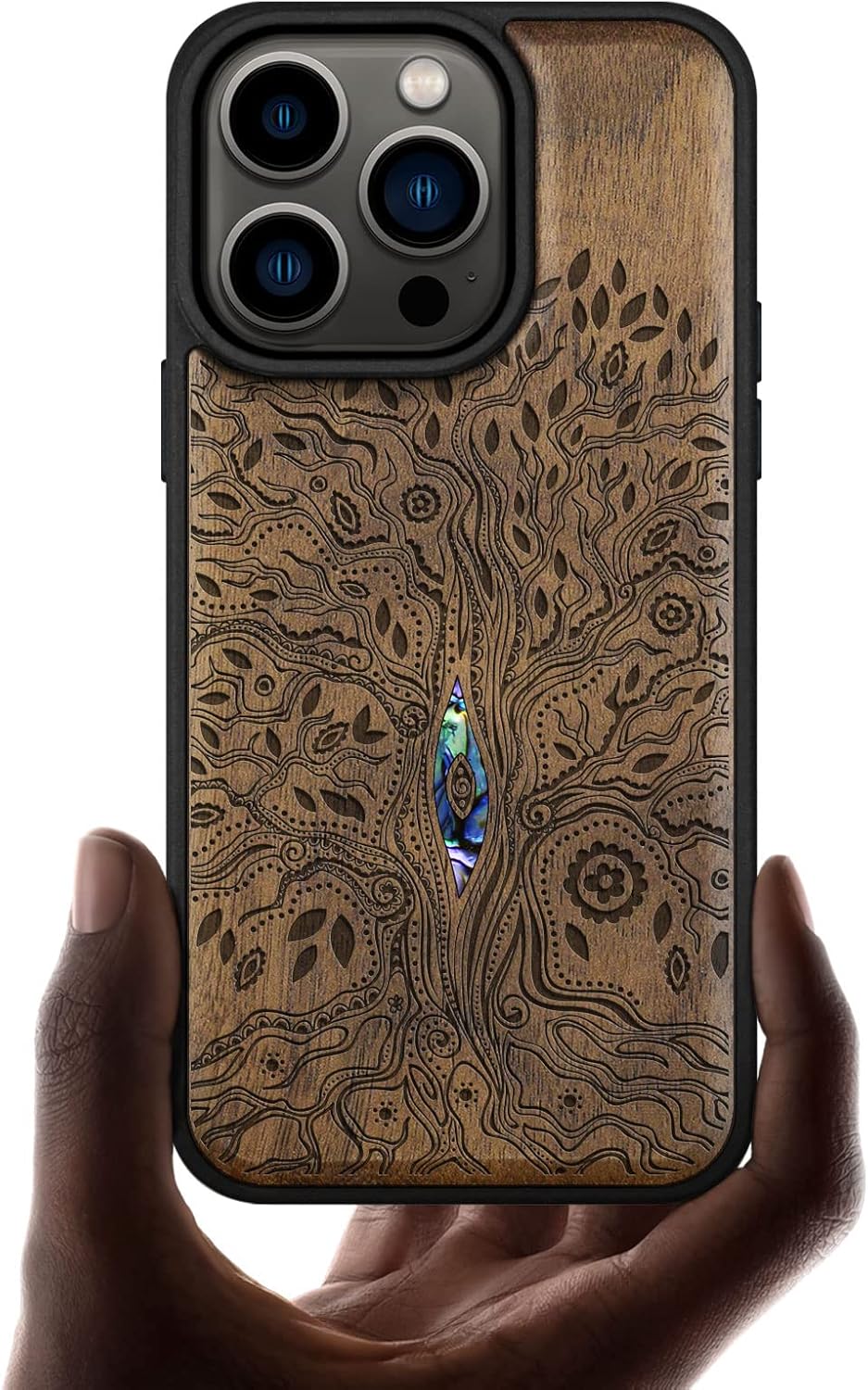 Carveit Designer Wooden Magnetic Case for iPhone 14 Pro Case [Wood Engraving & Shell Inlay] Unique Wood Phone Cover Compatible with 14 Pro MagSafe 6.1 Inch (Tree of Life-Cherry)
