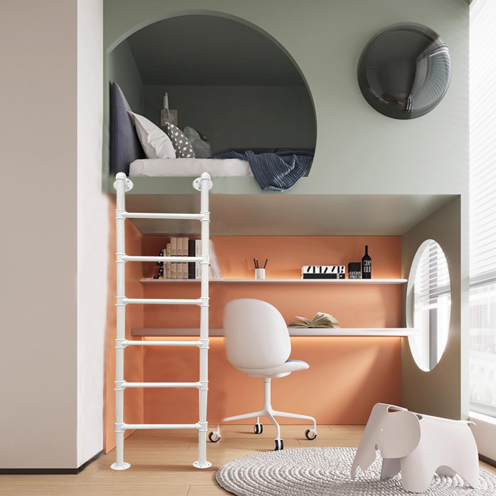 Escabeau mural blanc de 170 cm en tube de fer robuste pour lits superposés