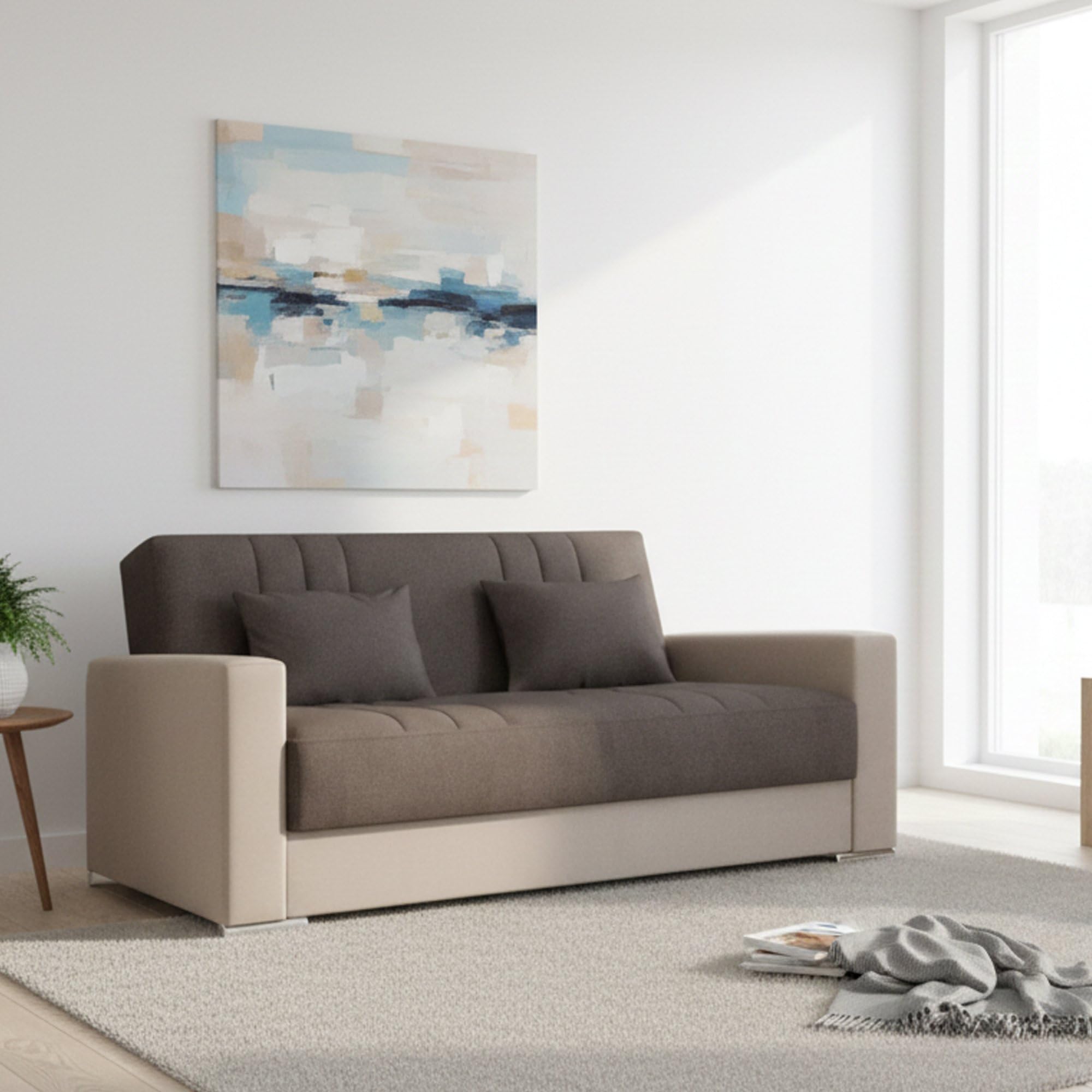 Dmora - Divano Letto 3 posti Sergio, Divano Contenitore in Ecopelle e Tessuto, Sofà con Apertura Click-clack e 2 Cuscini, 230x96h101 cm, Beige e Grigio