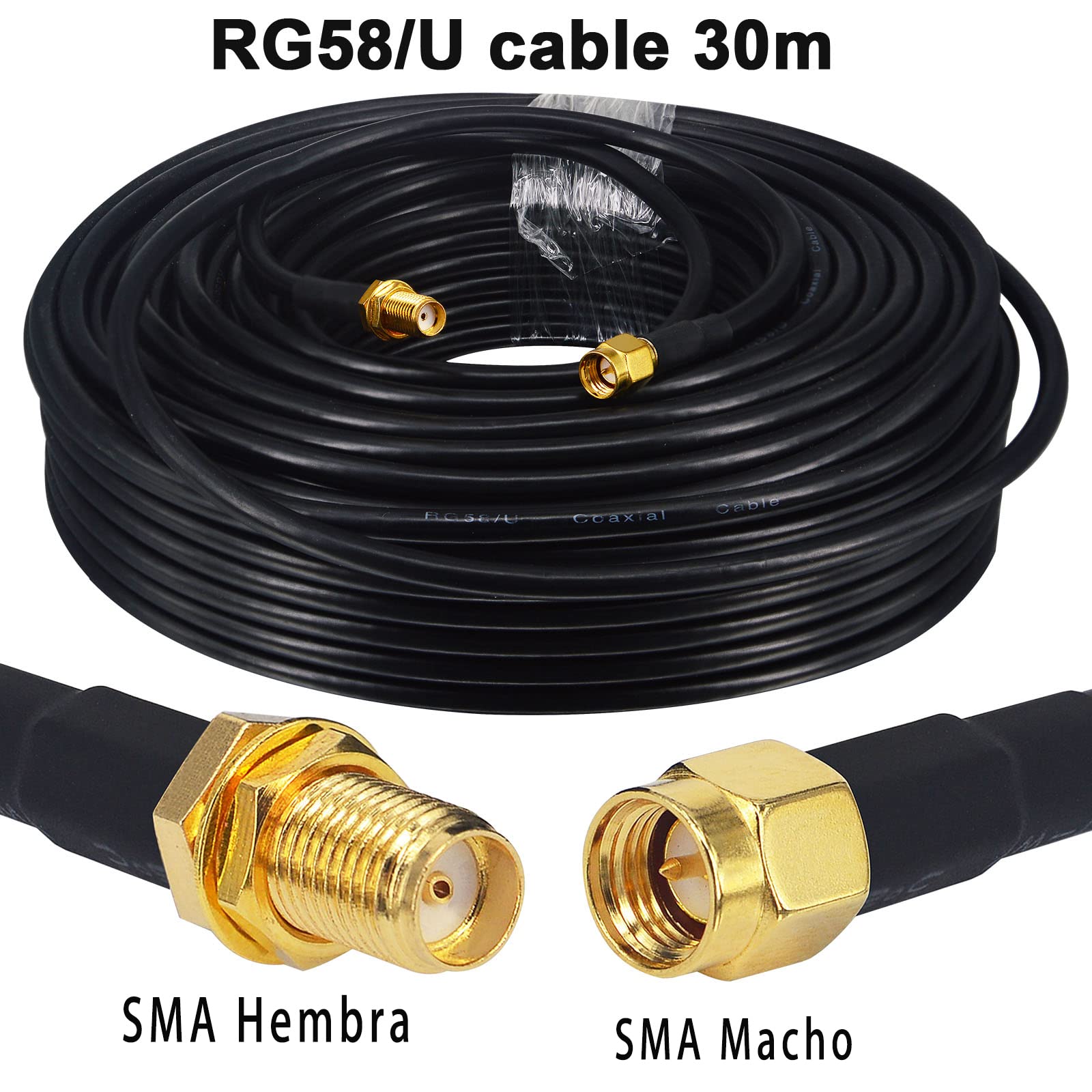 Cavo coassiale RG58 migliorato 30M - SMA maschio a femmina 50 Ohm - Estensione per antenna GPS 3G 4G LTE WiFi e radio bidirezionale (non per TV)