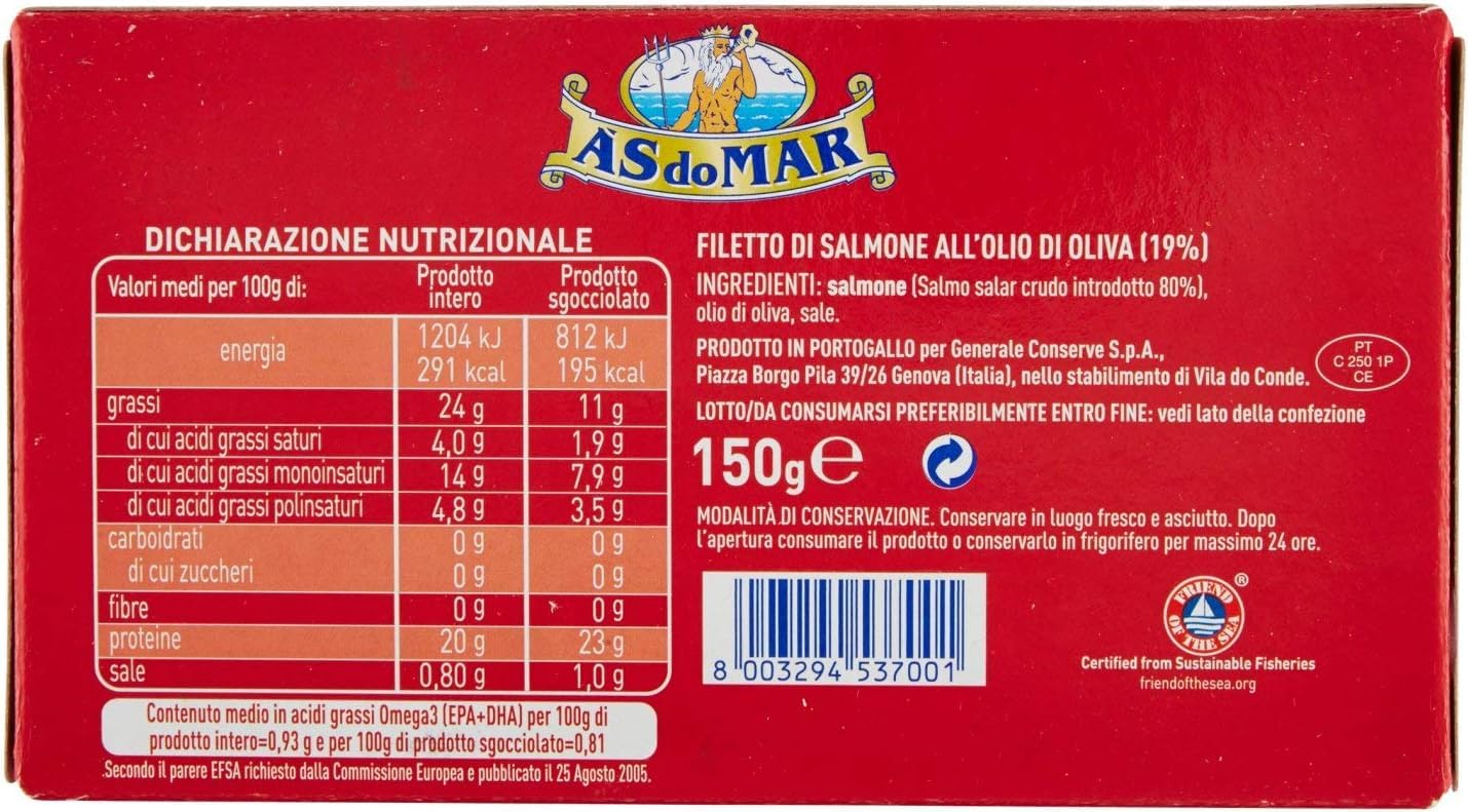 Asdomar - Filetti di Salmone all'Olio di Oliva - 3 confezioni da 150 g [450 g]