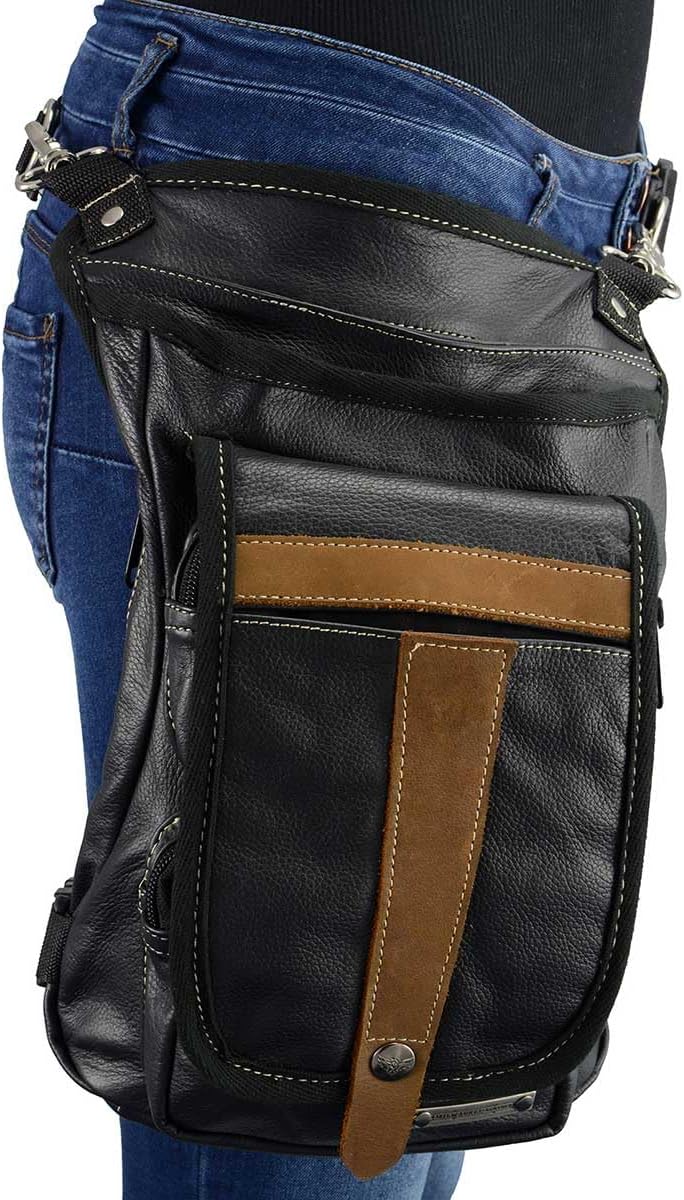 Milwaukee Leather MP8897 Black and Tan Conceal and Carry Leather Thigh Bag with Waist Belt