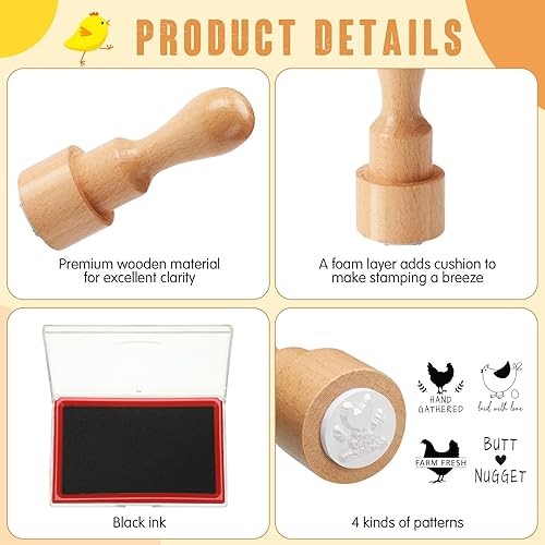 Miniatura 3 de Nuanchu 4 sellos redondos de goma de madera para huevos de Pascua, sello de etiqueta de pollo, mini sello de cartón con almohadilla de tinta para