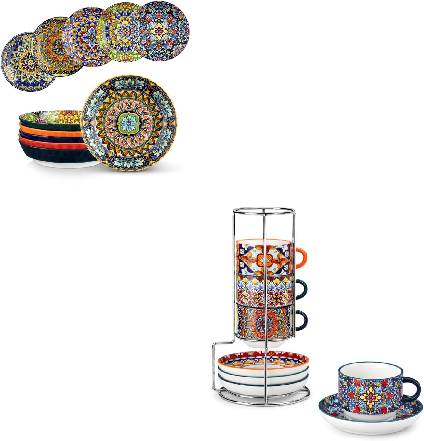 vancasso 32 Oz Pasta Bowls Sets of 6, 2.5 Oz Stackable Espresso Cups with Saucers and Metal Stand Set of 4