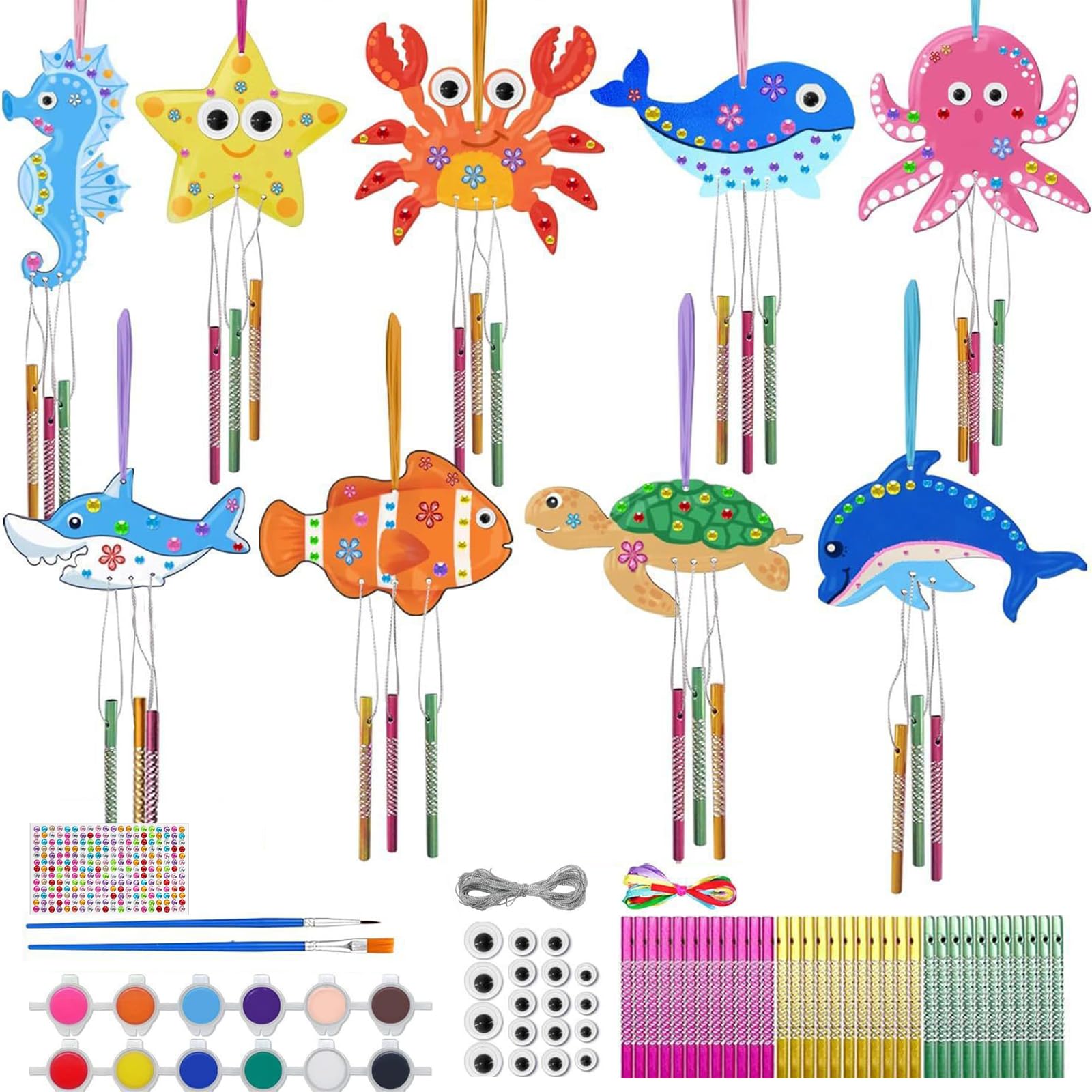 9 Pack Wind Chime, Marine Animal Wooden Wind Chimes, Windchimes Crafts for Painting, Decorating, Wooden Pretty Craft Kit for Kids