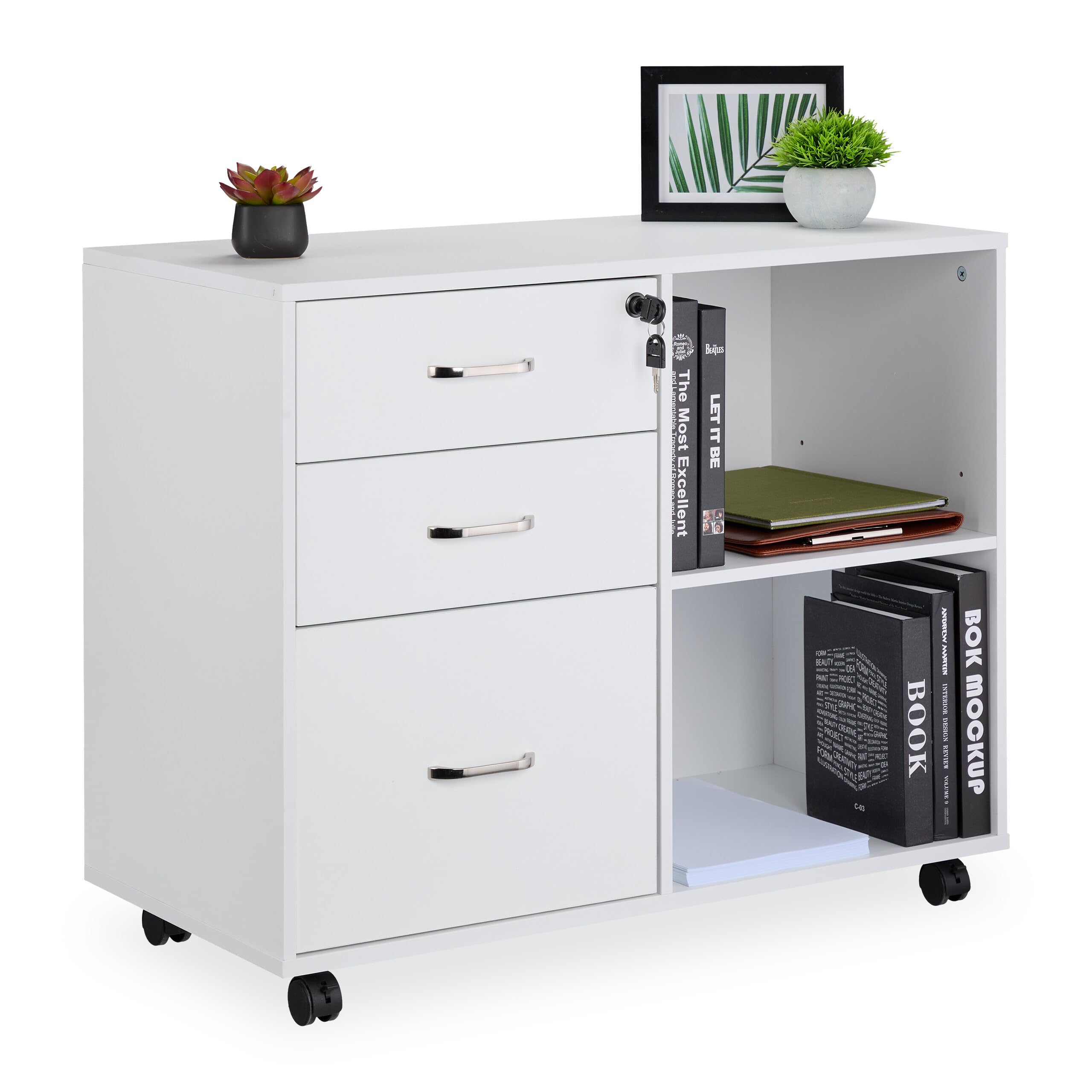 Relaxdays Mueble Archivador, 3 Cajones, 2 Compartimentos, 66x80x40 cm, 4 Ruedas Cajonera Oficina, con Llave, Blanco