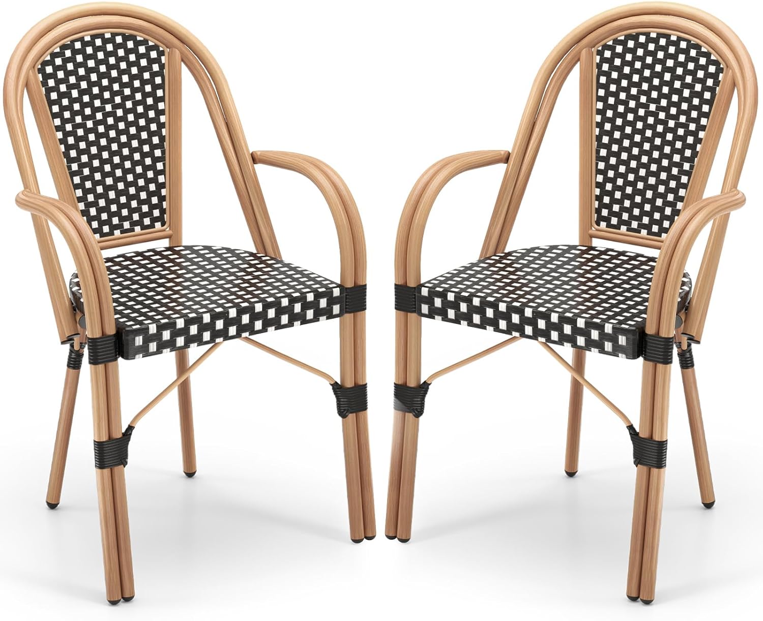 Tangkula Outdoor French Bistro Chairs Set of 2, Hand-Woven PE Wicker Patio Chairs with Armrests, Outdoor Dining Armchairs with Galvanized Metal Frame for Porch, Garden (1,Black)