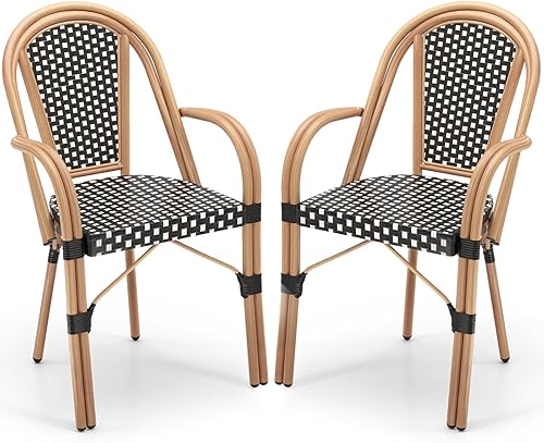 Tangkula Juego de 2 sillas de bistró francesas para exteriores, sillas de mimbre de polietileno tejidas a mano con reposabrazos, sillones de comedor