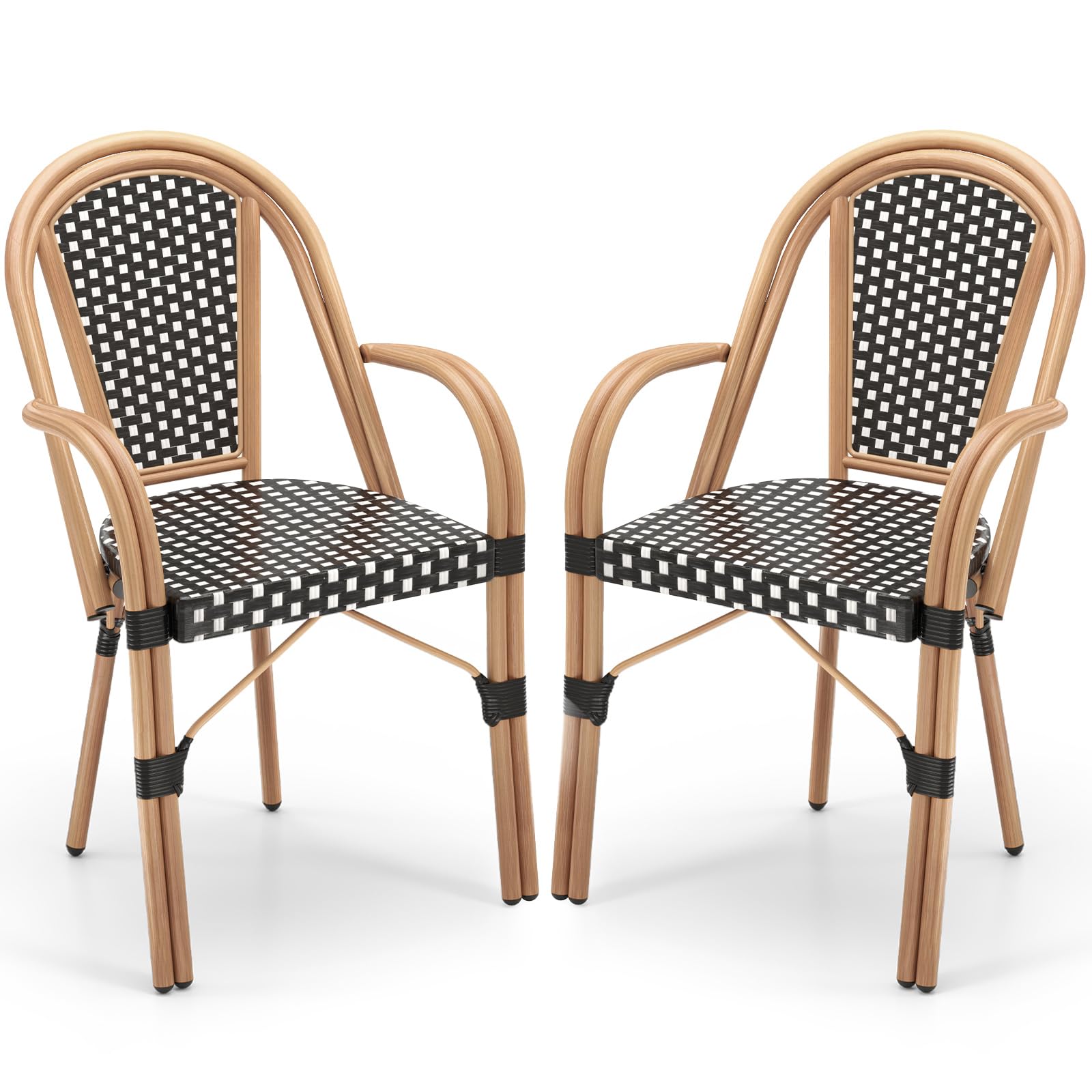 Tangkula Outdoor French Bistro Chairs Set of 2, Hand-Woven PE Wicker Patio Chairs with Armrests, Outdoor Dining Armchairs with Galvanized Metal Frame