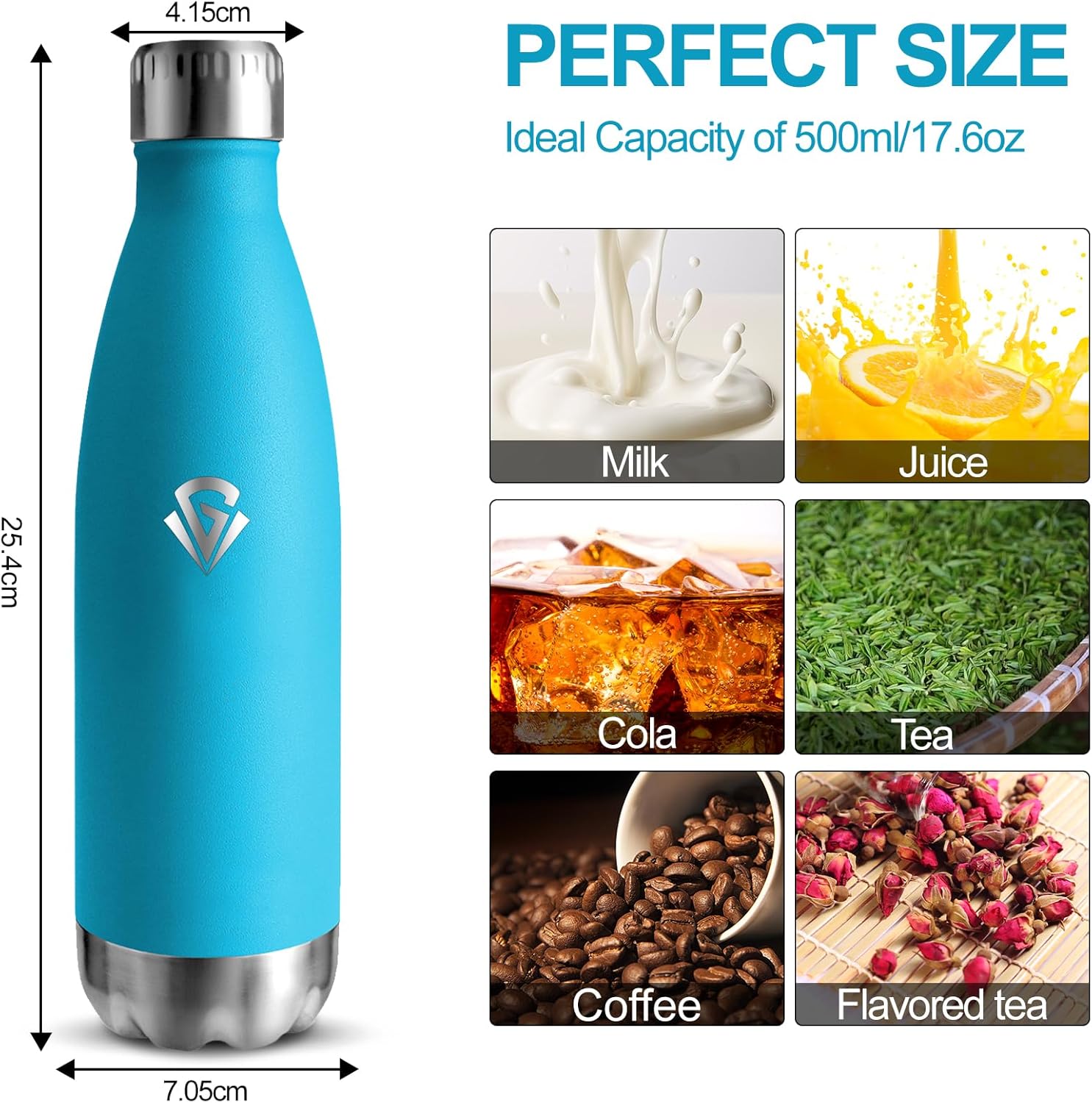 Grsta Thermos Flask, 500 ml Stainless Steel Drinking Bottle, BPA-Free, Leak-Proof, 24 Hours Cold & 12 Hours Warm, Metal Water Bottle, Double Walled, for School, Camping, Office, Sports, Travel