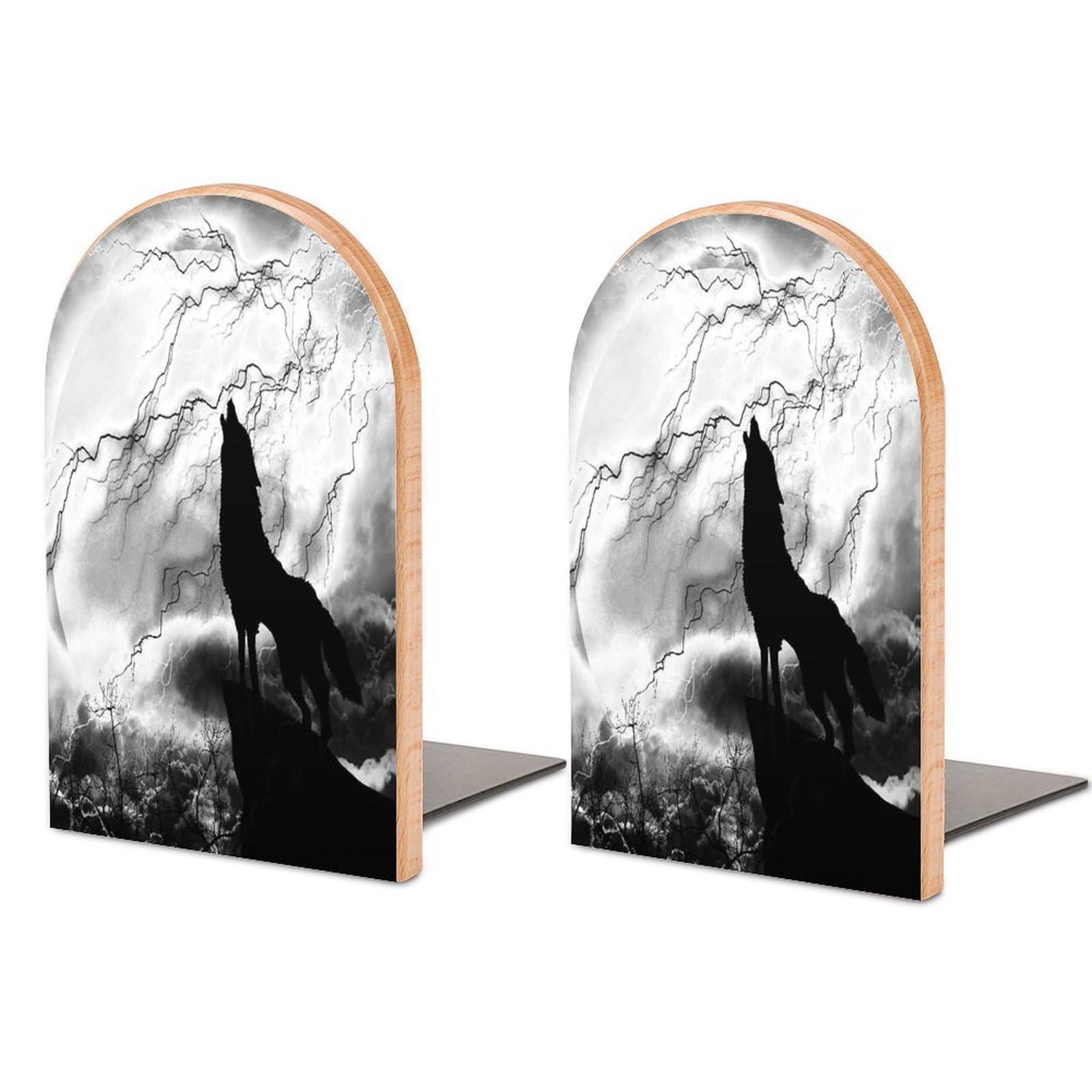 Solitary Wolf in Silhouette Howling to Thunderstorm Wildlife Standing on The Hill Beech Wood Bookends Heavy Duty Book Organizers Desktop File Holder for Office Home Bookshelf