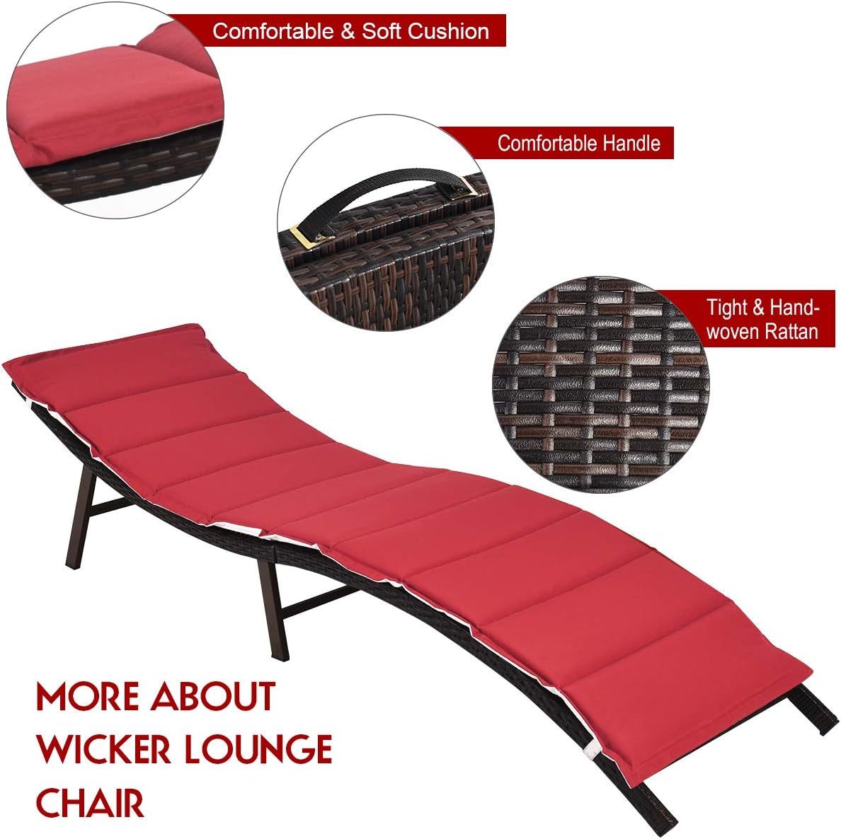 Tangkula Set of 2 Patio Chaises, Foldable Outdoor Patio Wicker Lounger Chair, with Double-Sided Cushions, Suitable for Poolside Garden Lawn Backyard Deck and Sunroom