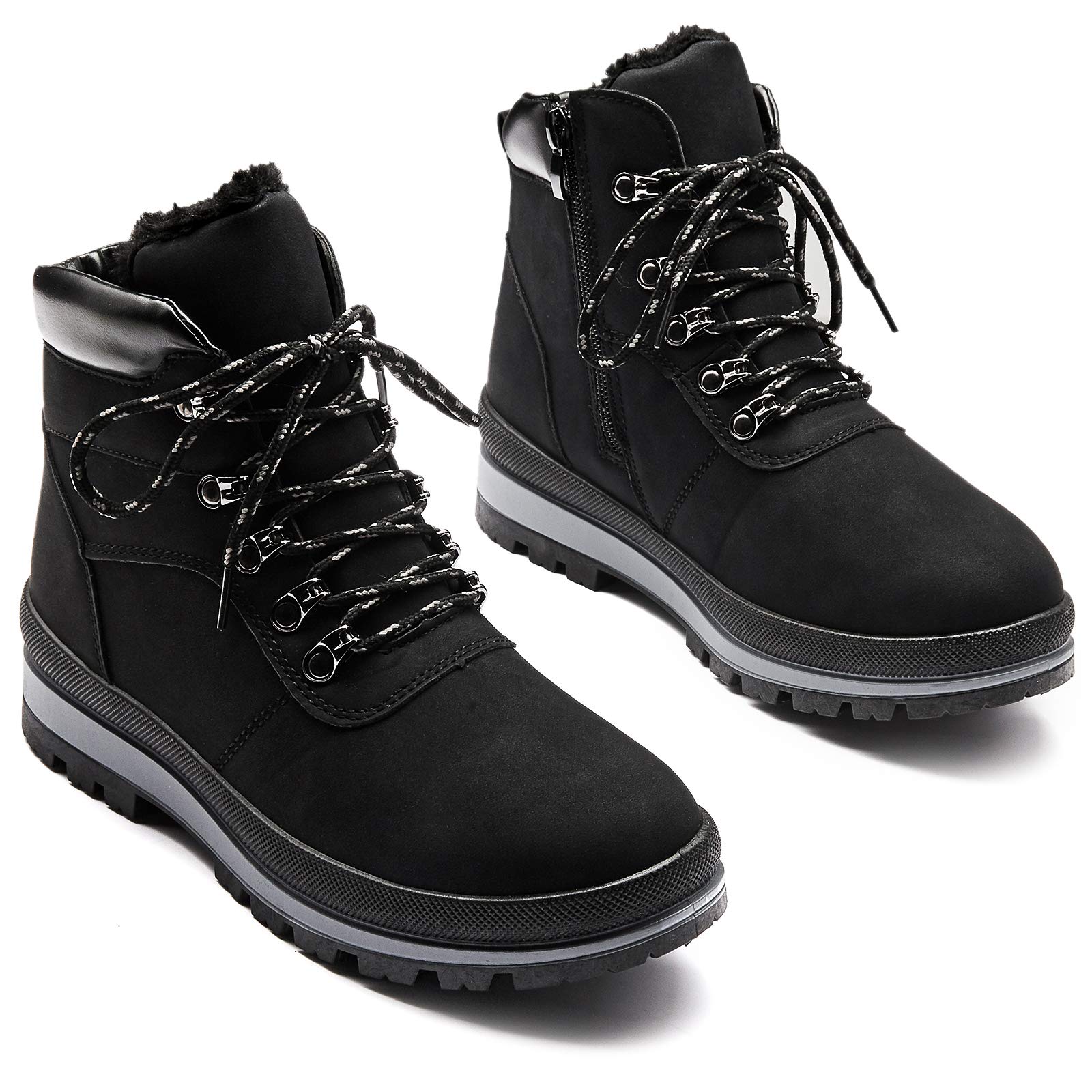 FRACORAWomen's PU Leather Combat Boots Warm Fur Lined Black Ankle Booties Side Zipper White Boots Non-slip Winter Boots