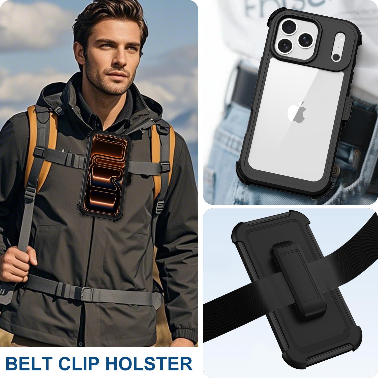 RubCase for iPhone 17 Pro Max Case, Full Body Phone Case with Built-in Screen Protector & Belt Clip Holster, Military Grade Drop Protection Rugged Cell Phone Cover for 17 ProMax 6.9” (Clear Black) - Image 6