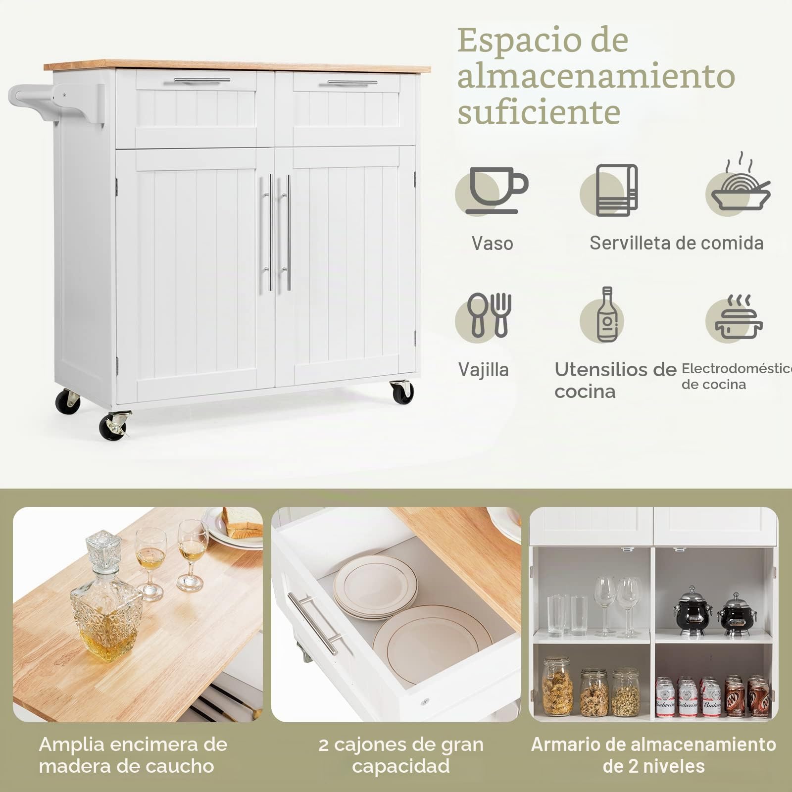 GOPLUS Postre con Ruedas, Cesta de Cocina de Madera, con Armario, Estante de 3 Niveles Ajustables y 2 cajones, toalleros, 94 x 45 x 94,5 cm, Blanco